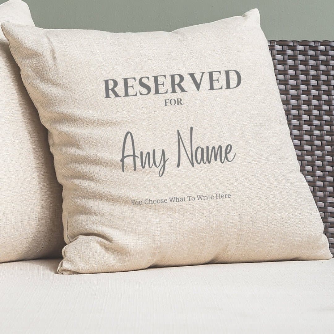 Cream square personalised cushion with a Reserved for message and space for a name