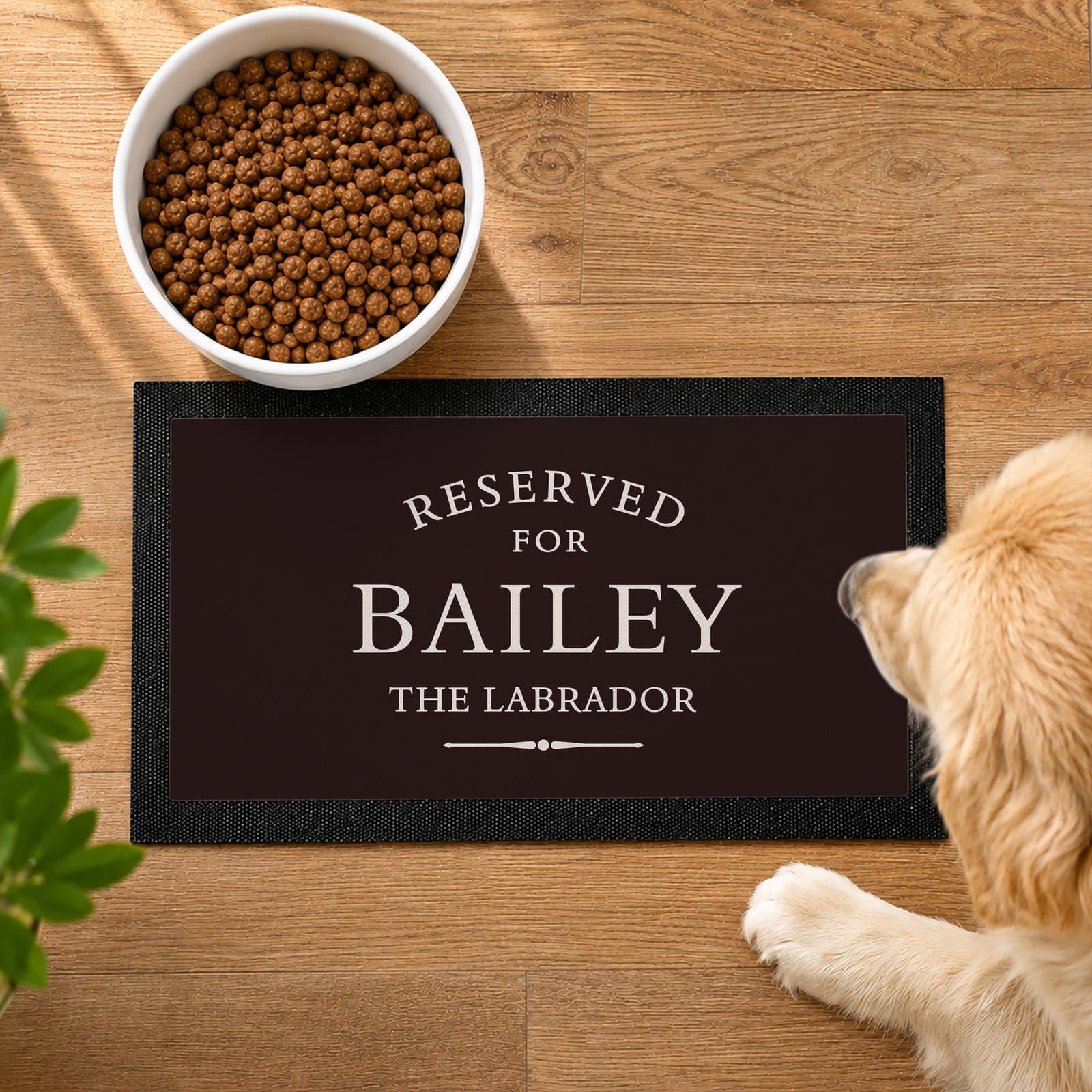 Pet bowl mat printed with Reserved For and a pet's name