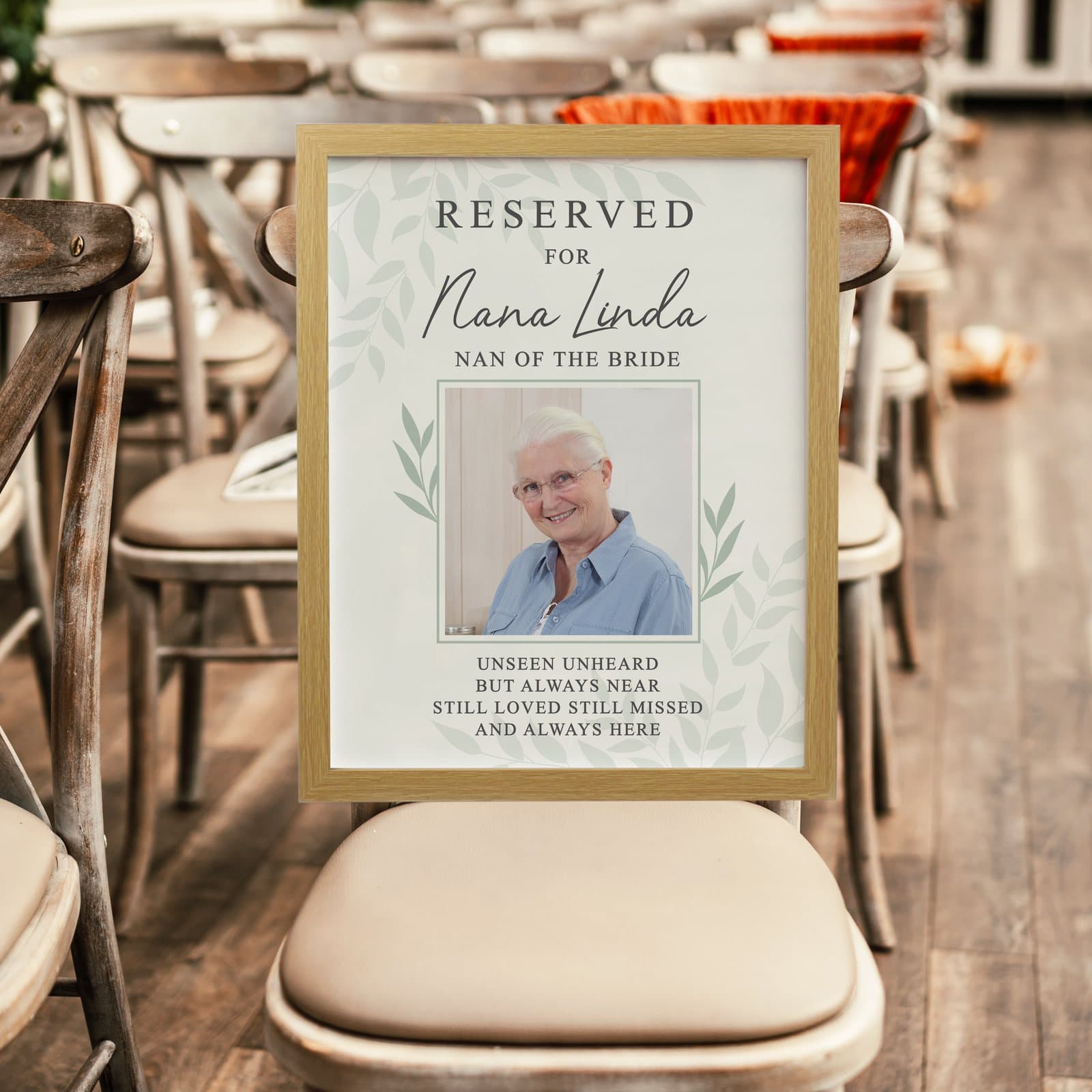 Oak portrait memorial frame with a photo and Reserved For wording