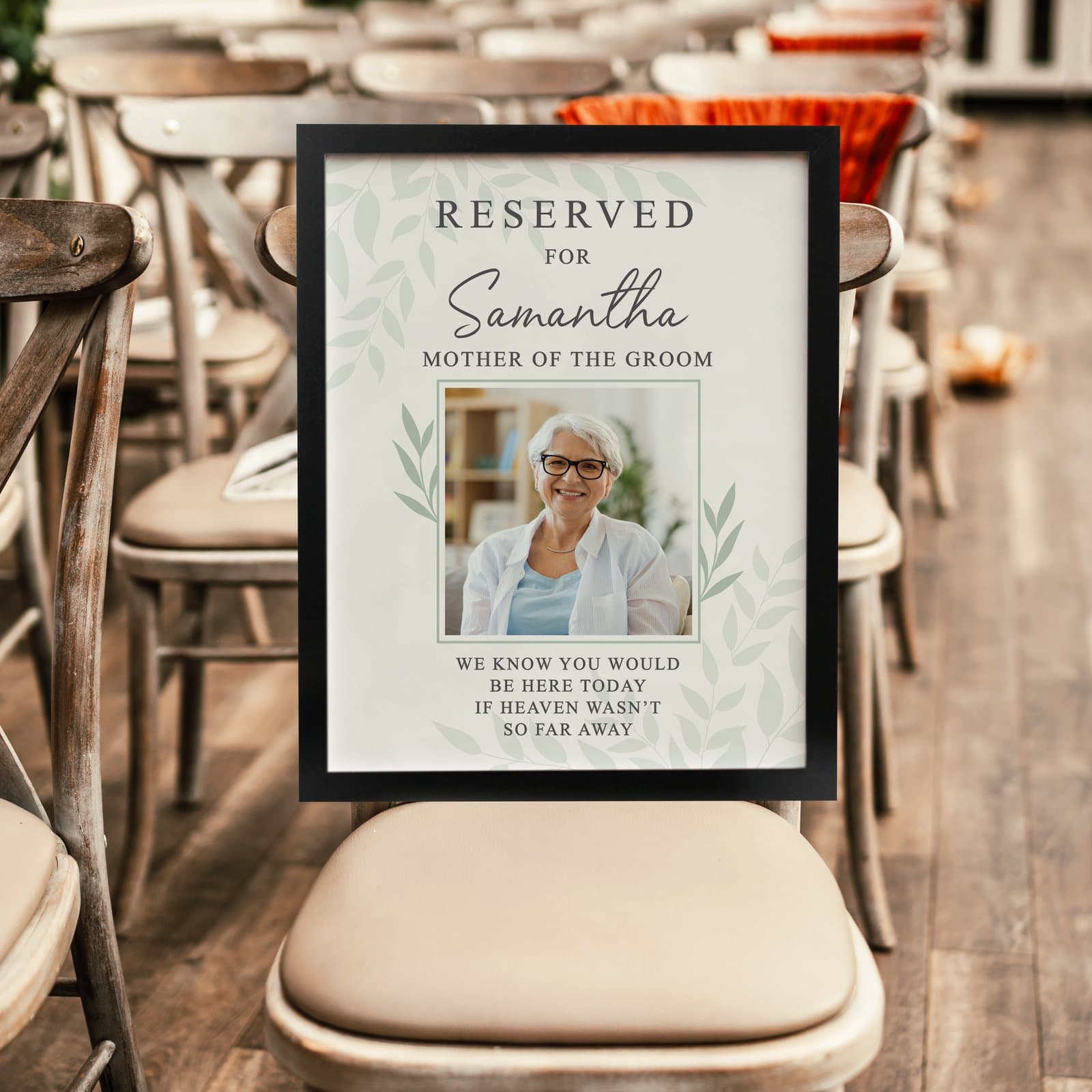 Black or white memorial poster frame with a photo and Reserved For wording