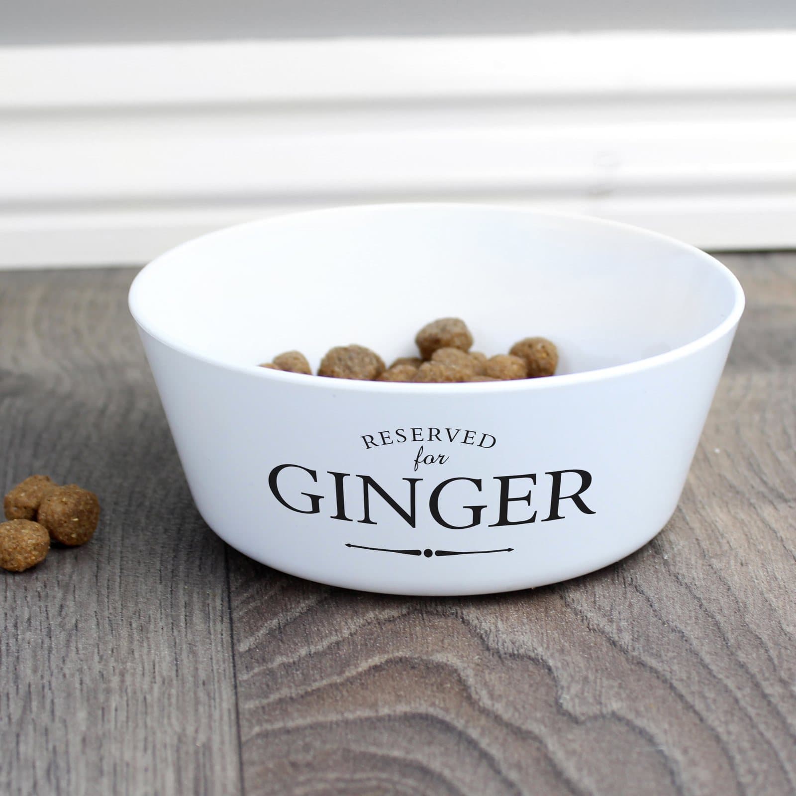 Plastic cat bowl printed with Reserved for and a cat's name