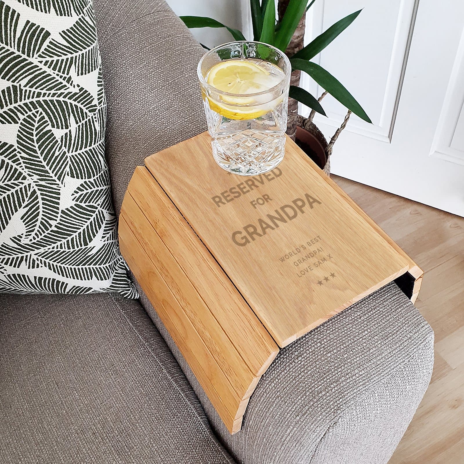 Wooden sofa tray reading Reserved for with a personalised name