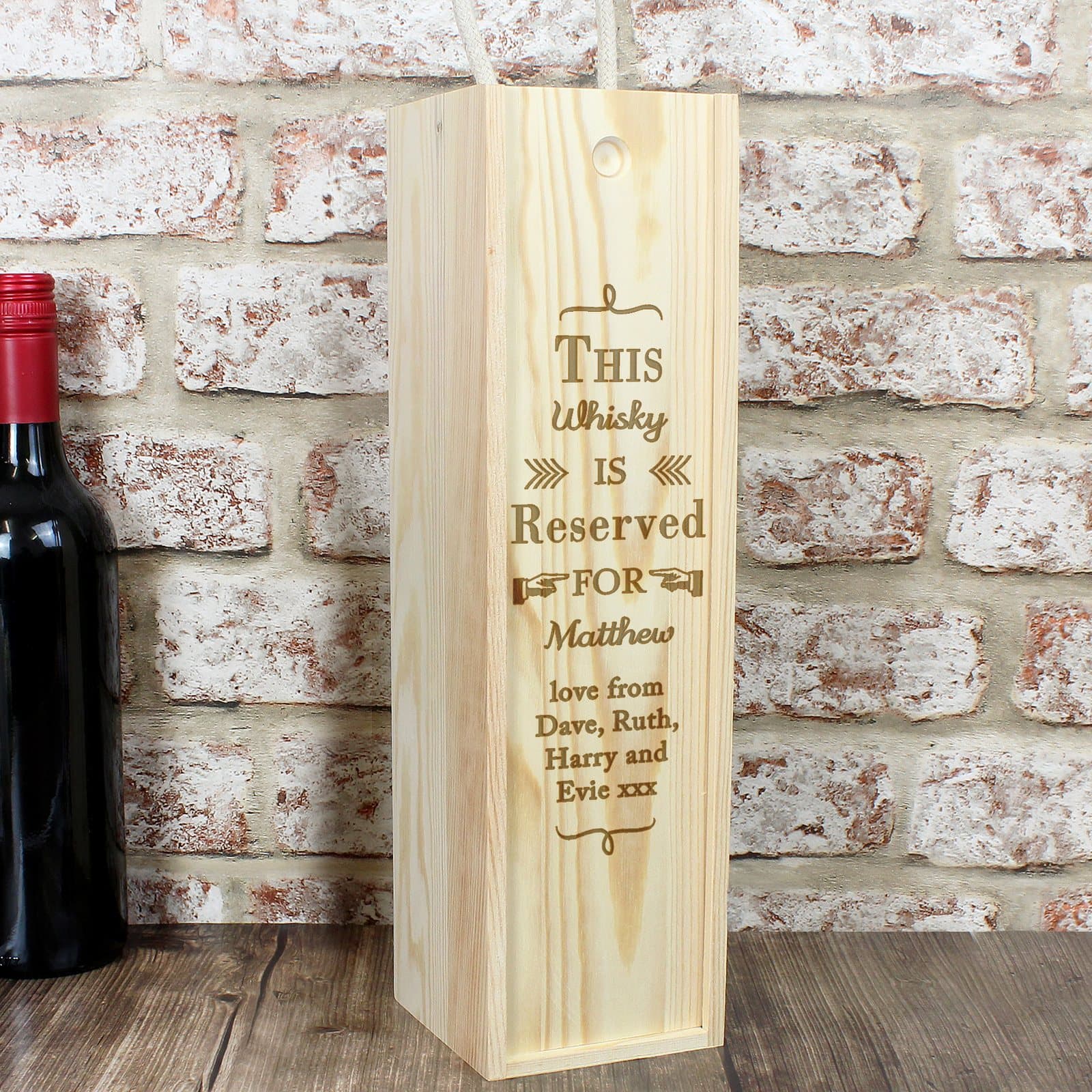 Wooden bottle presentation box with sliding front and string handle