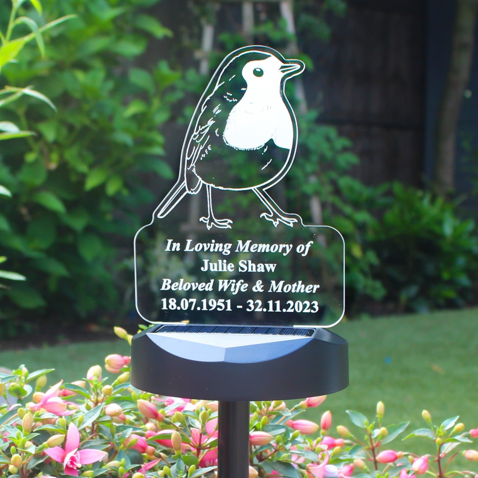Robin memorial solar LED light with sign, ground stick and solar panel base