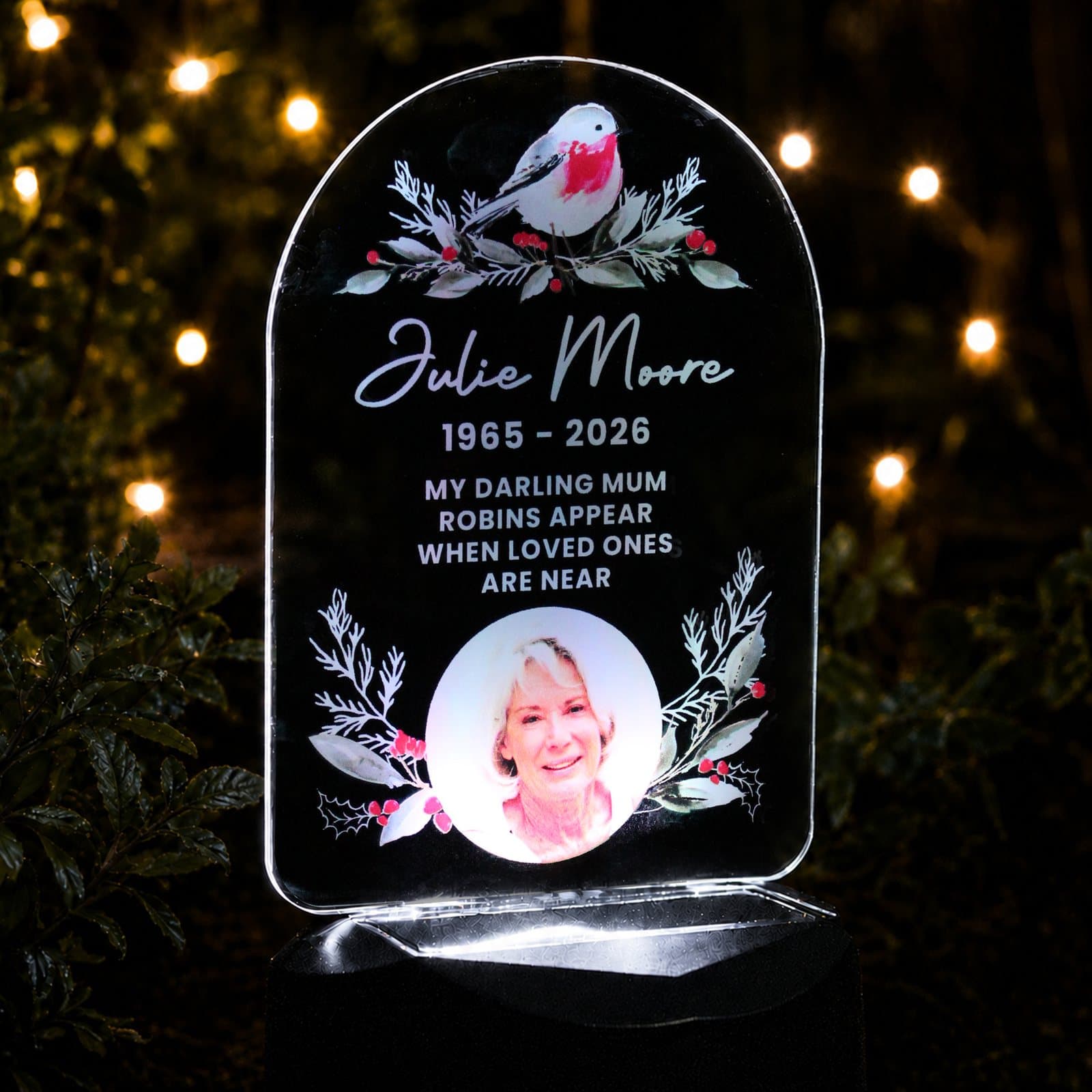 Robin solar LED light sign with a photo and lines of text on a ground stick