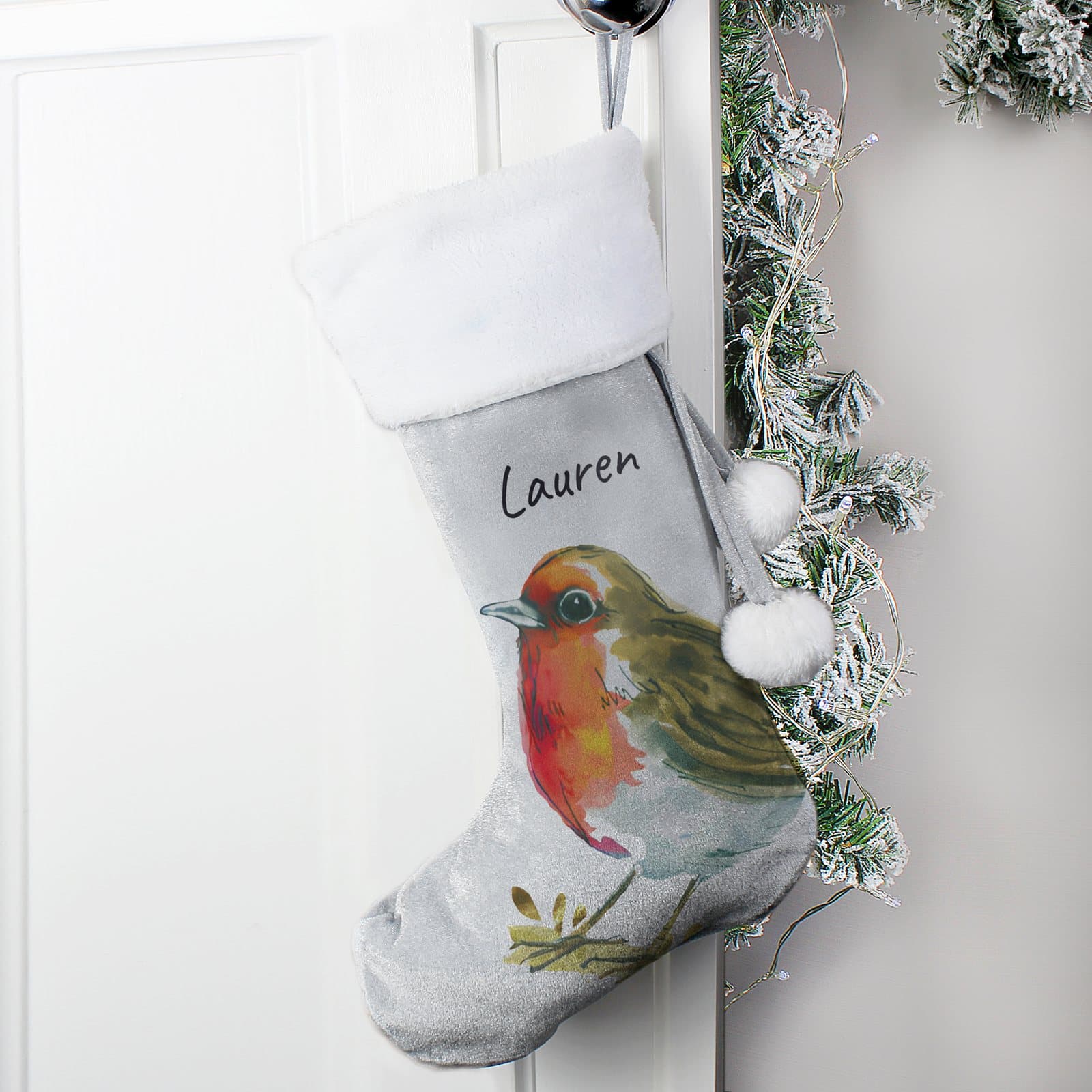 Silver grey velvet robin stocking with a white plush cuff