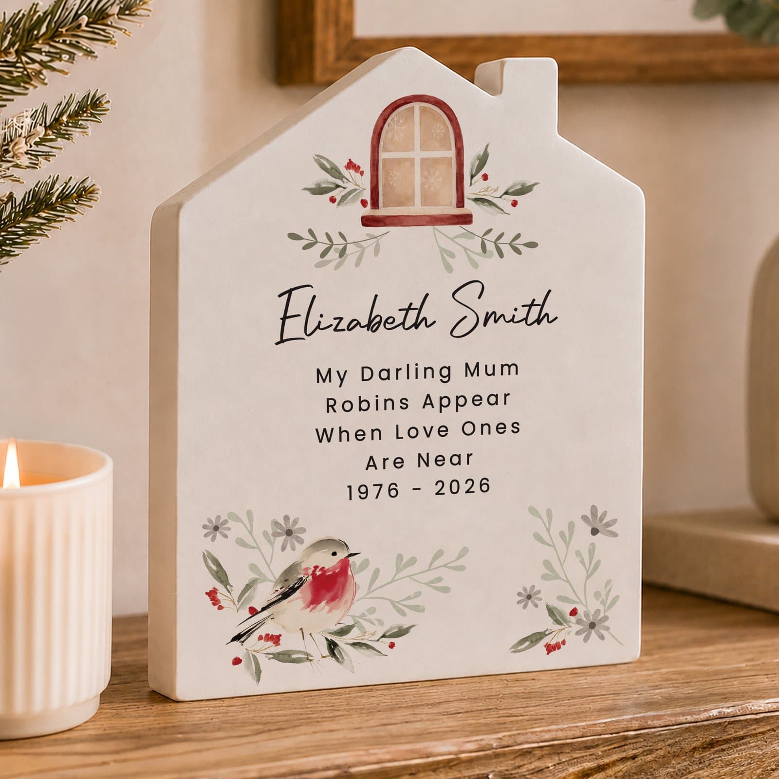 Wooden house ornament with a watercolour robin design