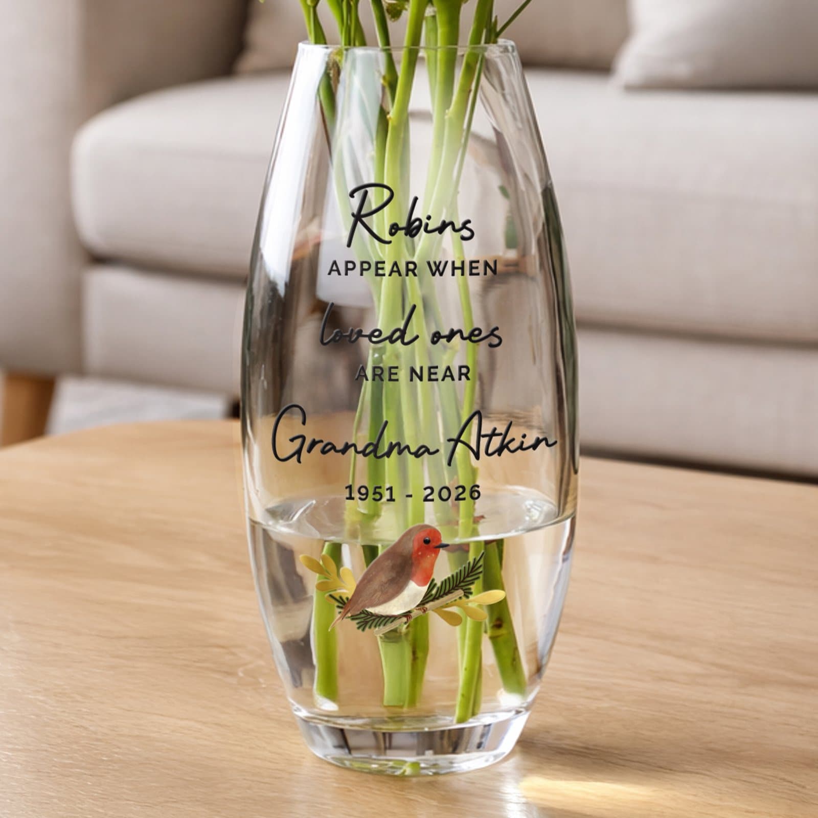 Glass bullet vase with a Robins Appear design and personalised text