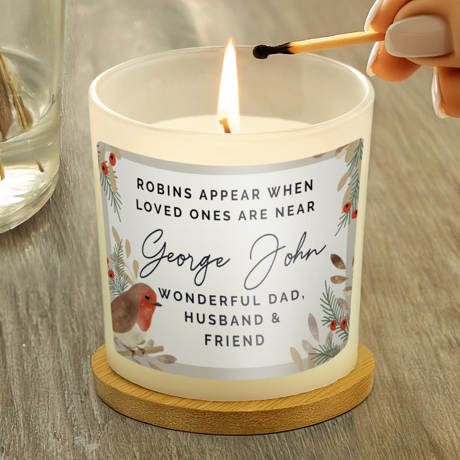 Vanilla jar candle with robins appear memorial wording and personalised lines