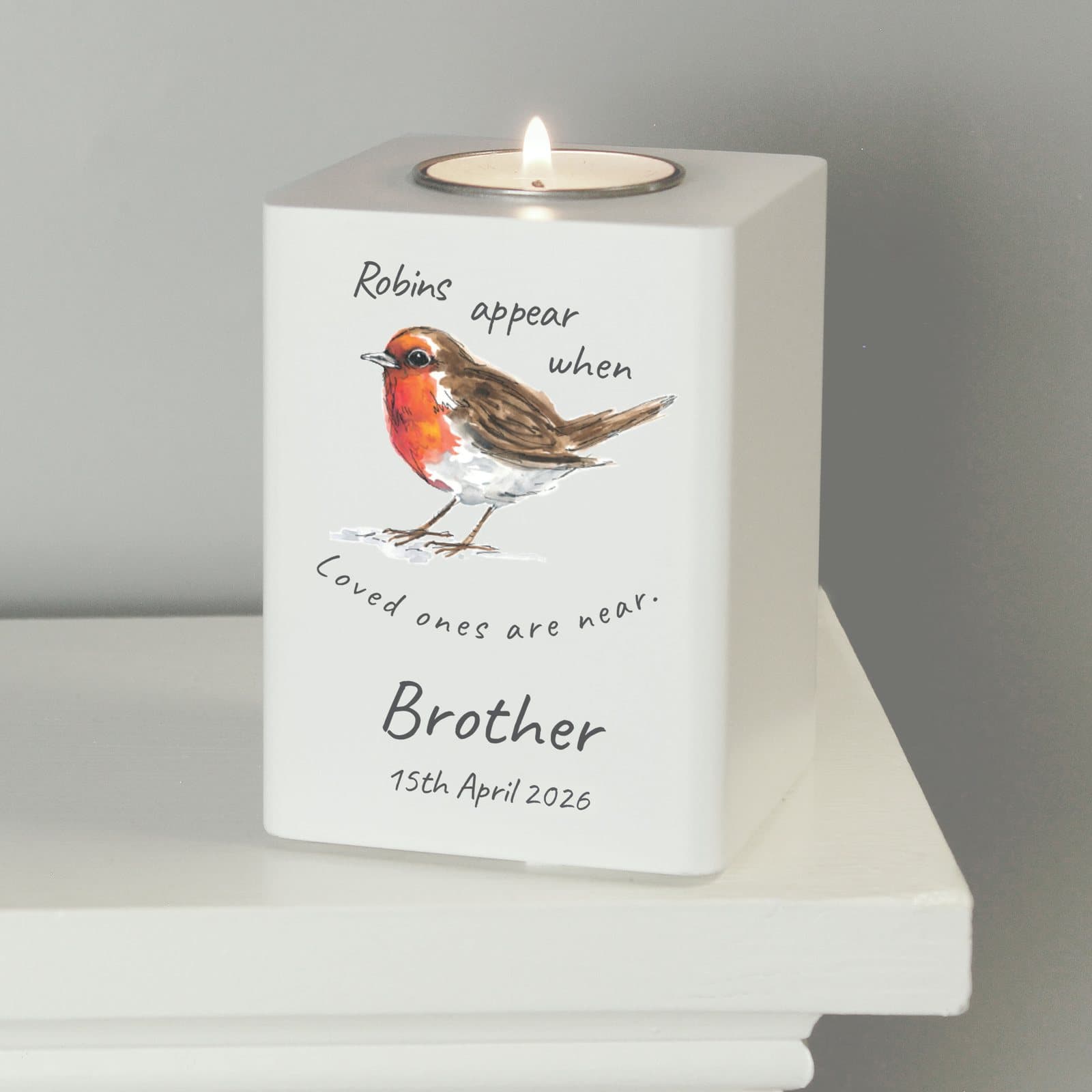 White wooden robin memorial tea light holder with a personalised name