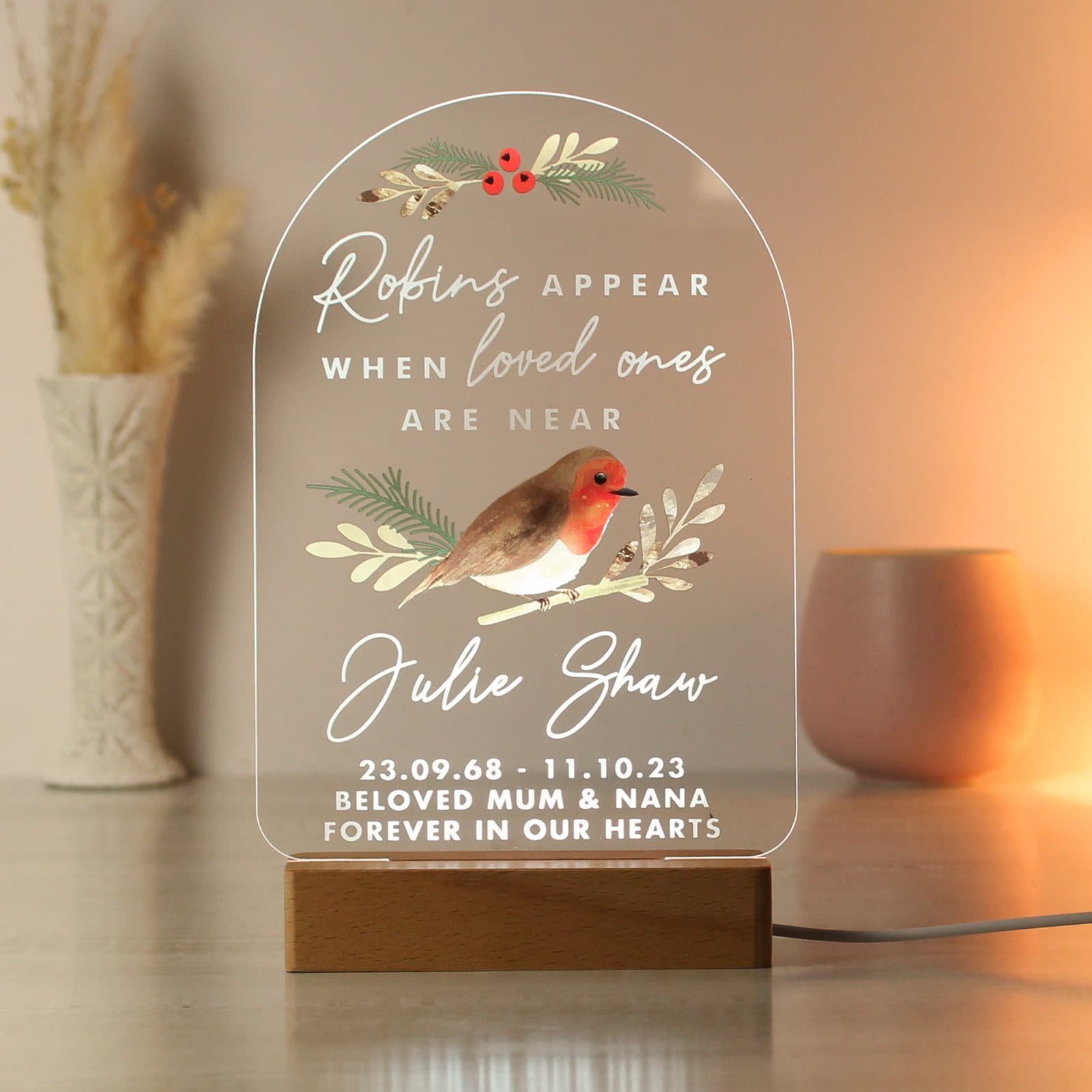 Robin memorial LED light sign with personalised text on a wooden base