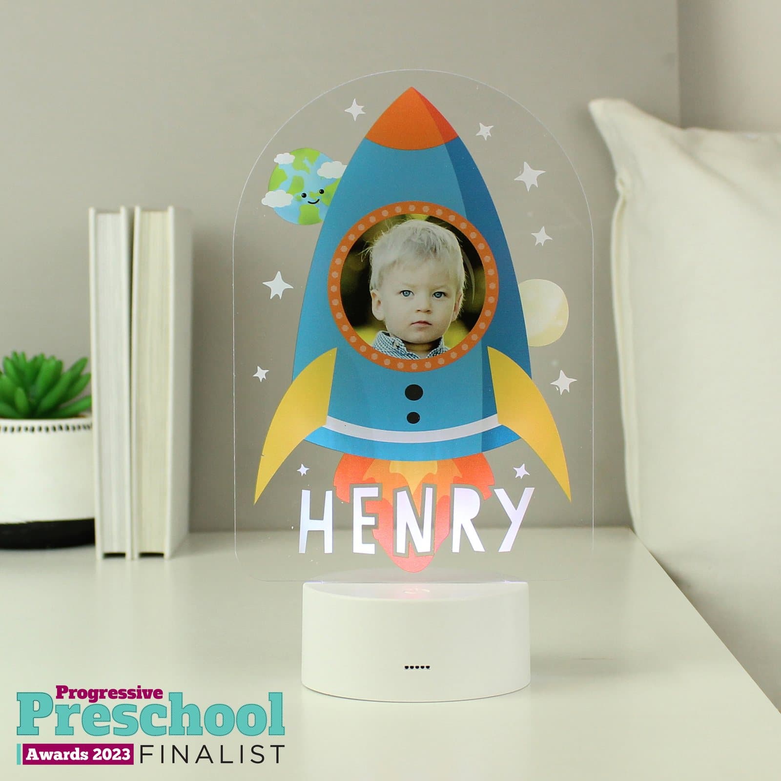 Rocket LED night light with a photo and name on an acrylic sign