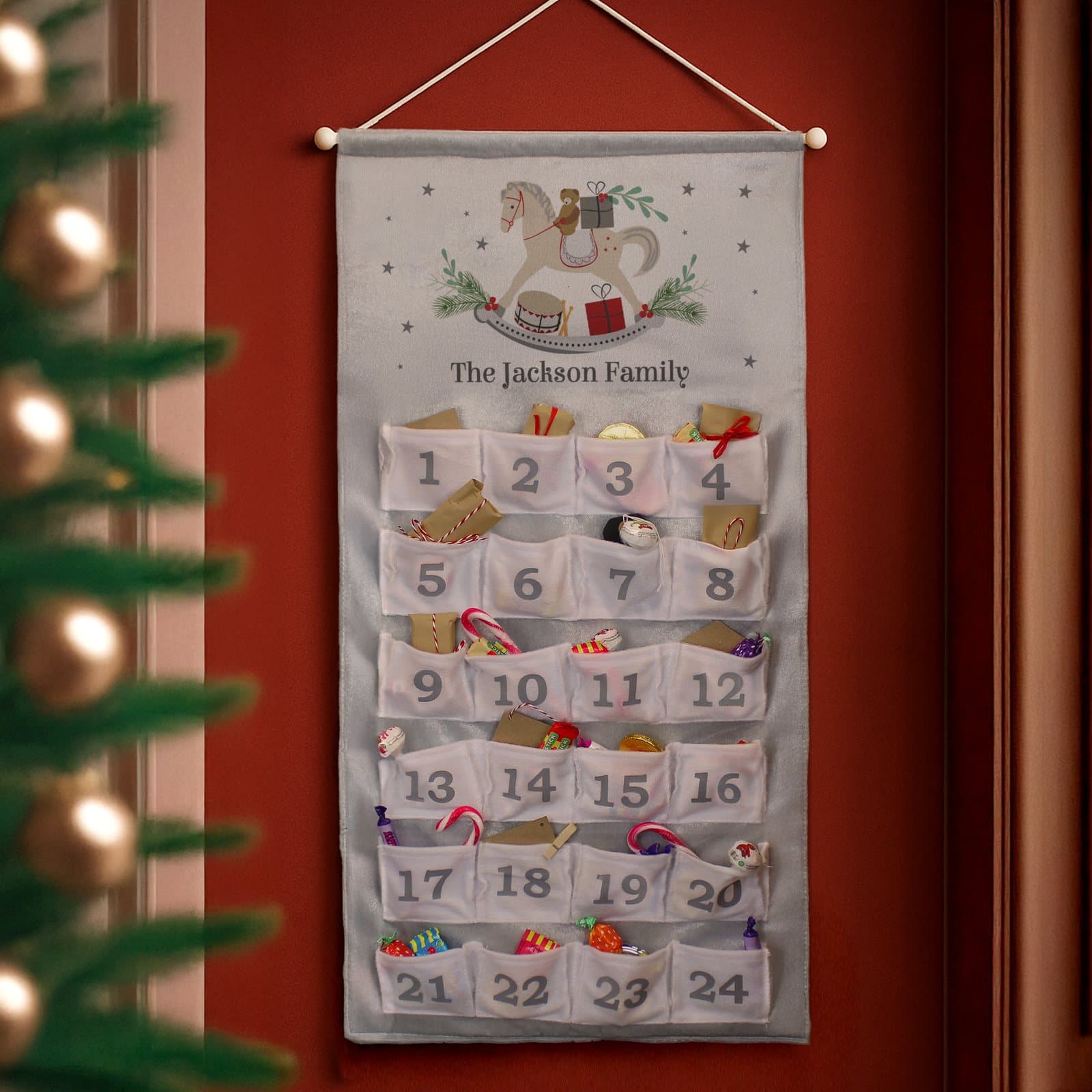 Silver grey rocking horse advent calendar with 24 pockets