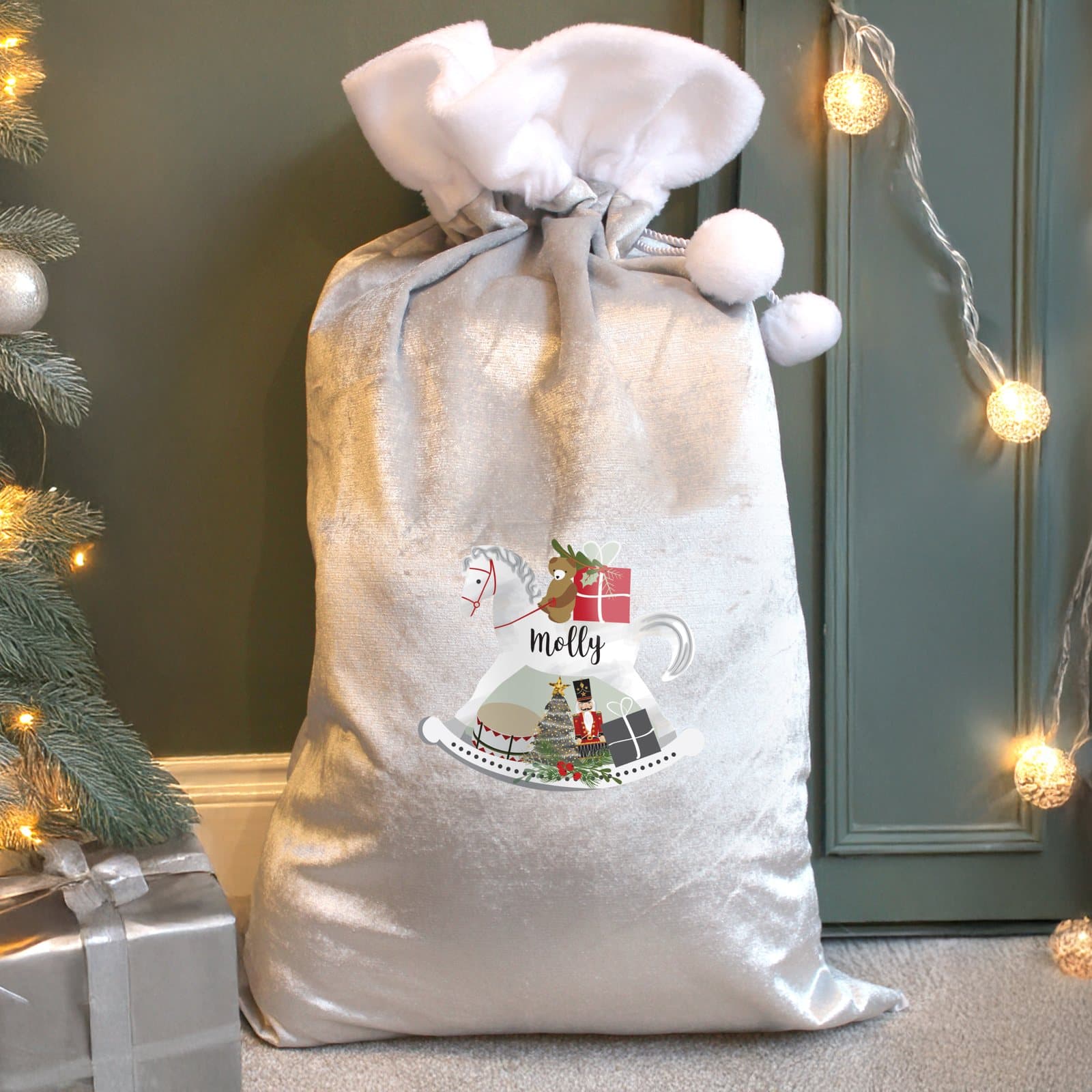 Personalised Rocking Horse silver grey pom pom Christmas sack