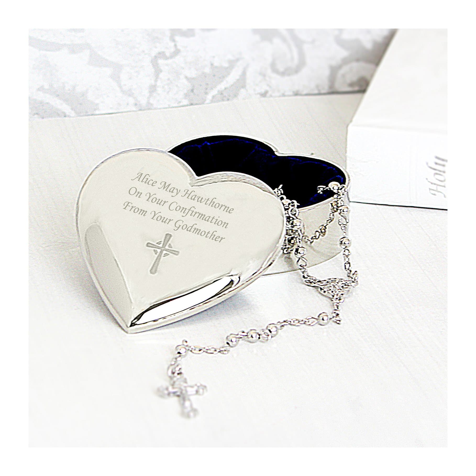 Personalised cross motif heart trinket box with rosary beads