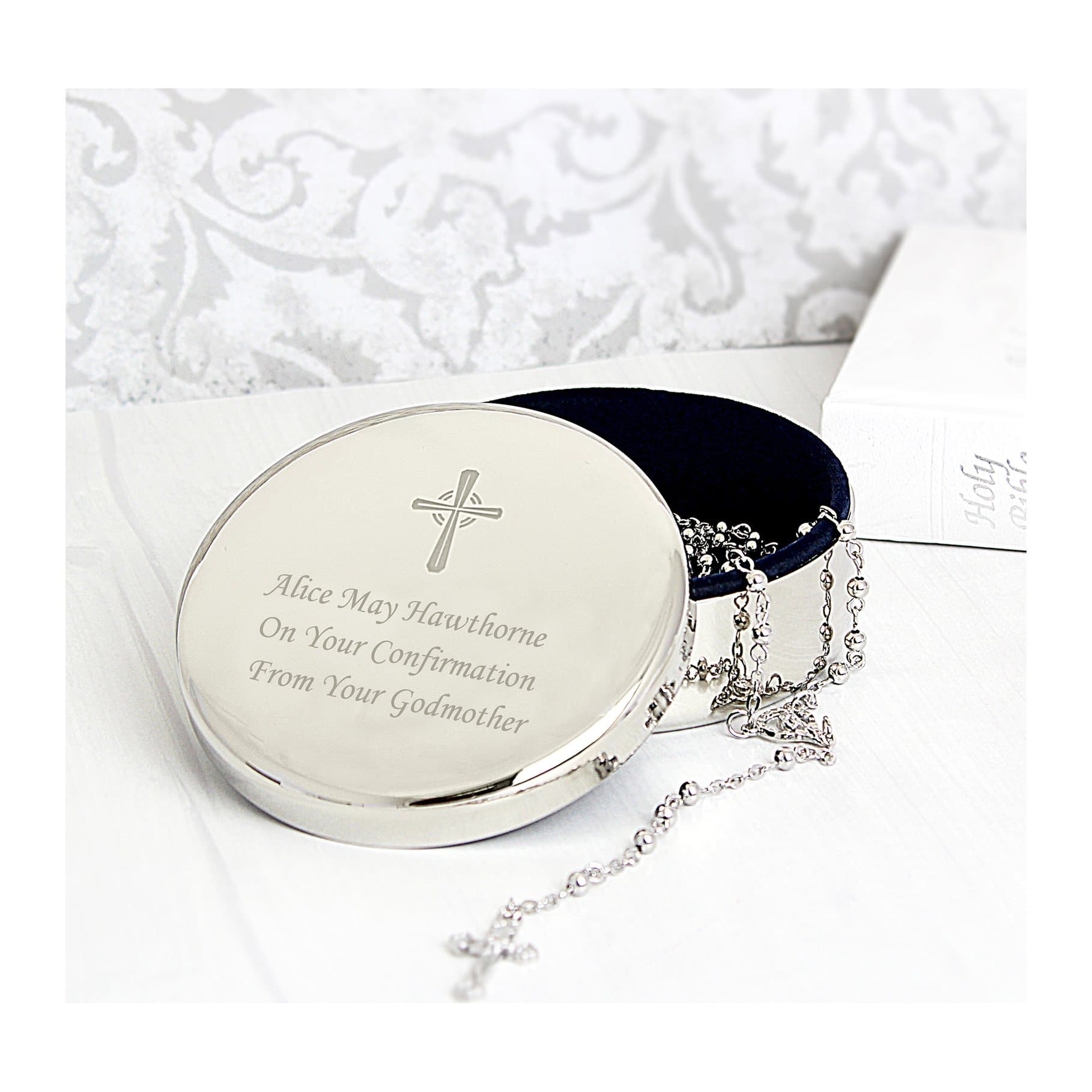 Personalised round trinket box with cross motif and rosary beads