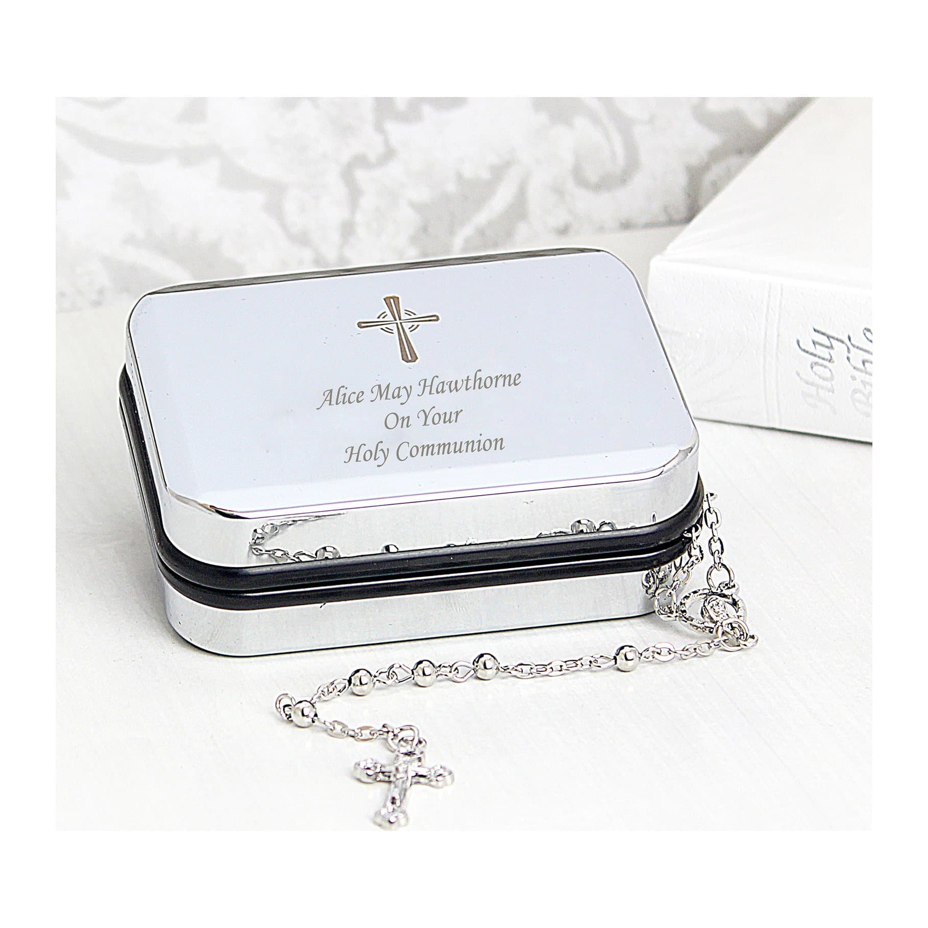Personalised cross motif box with rosary beads
