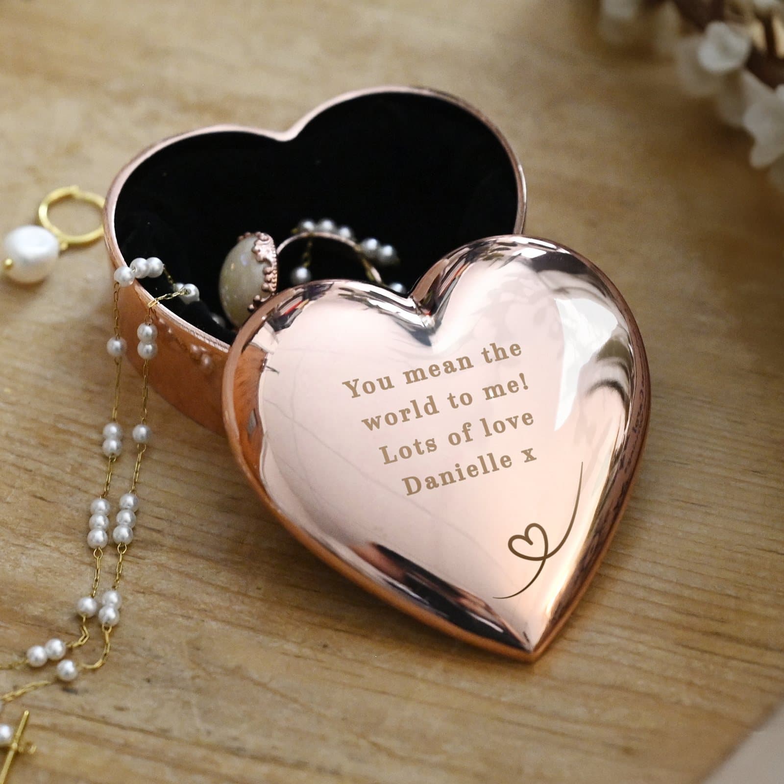 Personalised rose gold heart trinket box