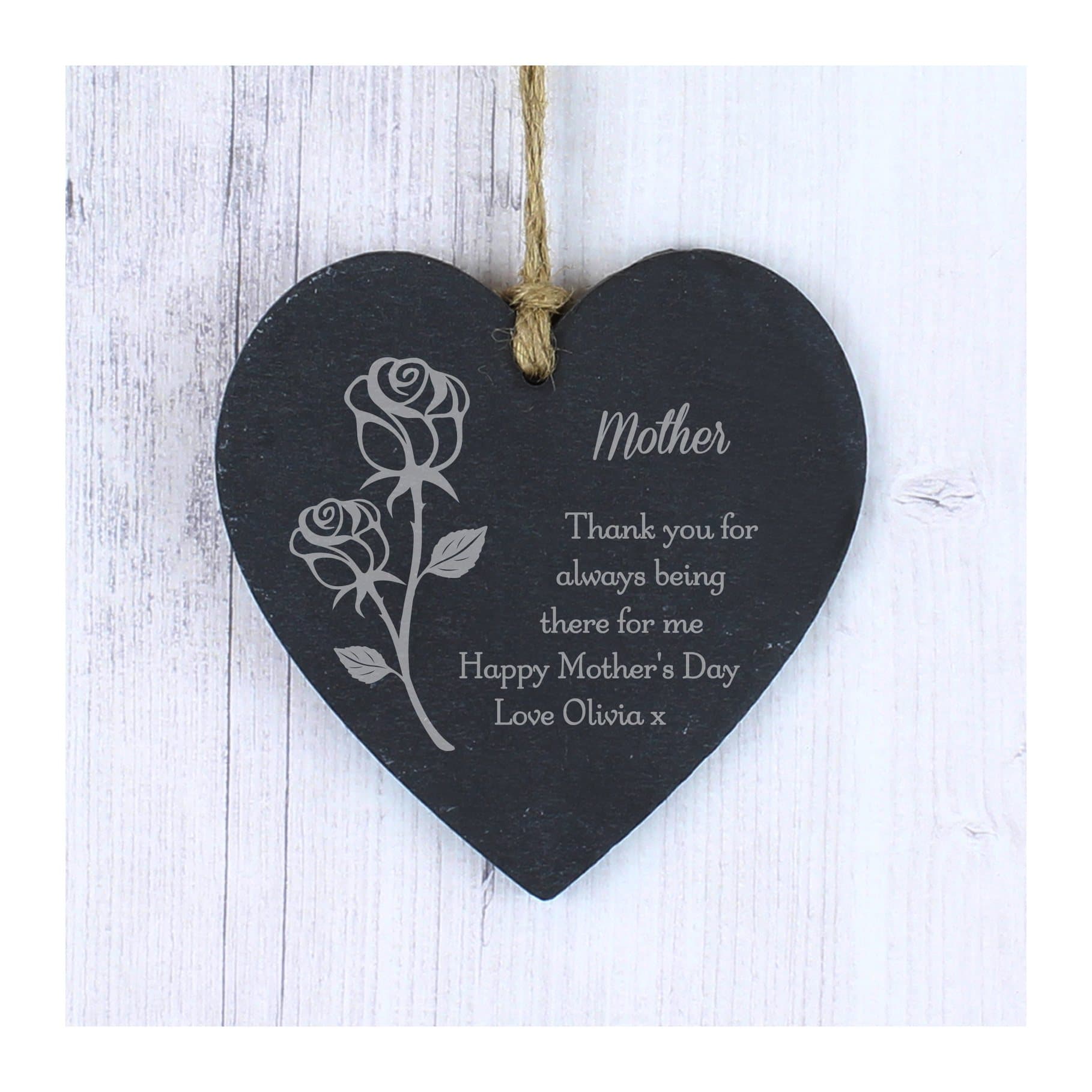 Rose slate heart decoration hanging on natural string with personalised text