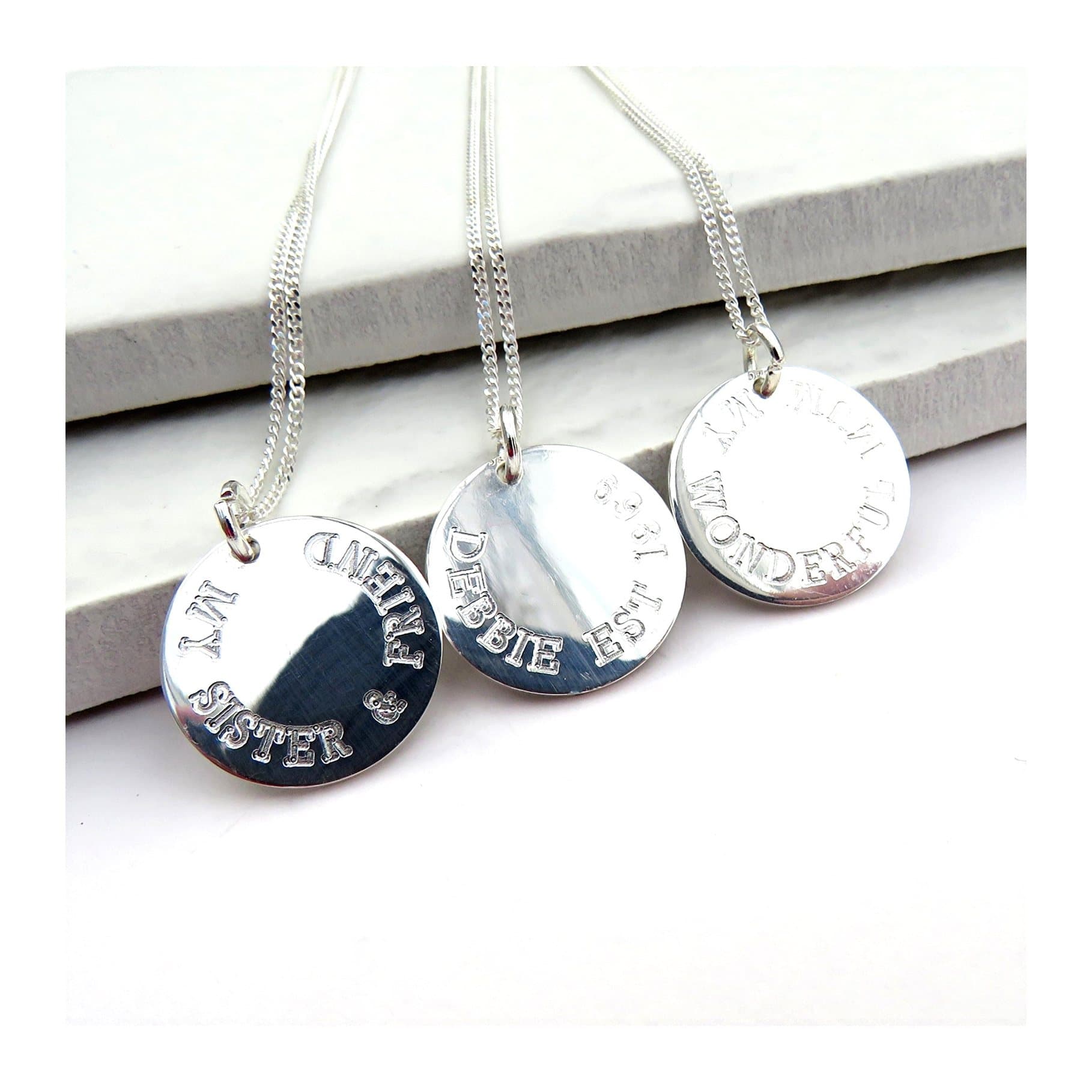 Personalised round charm necklace with a disc on a silver chain