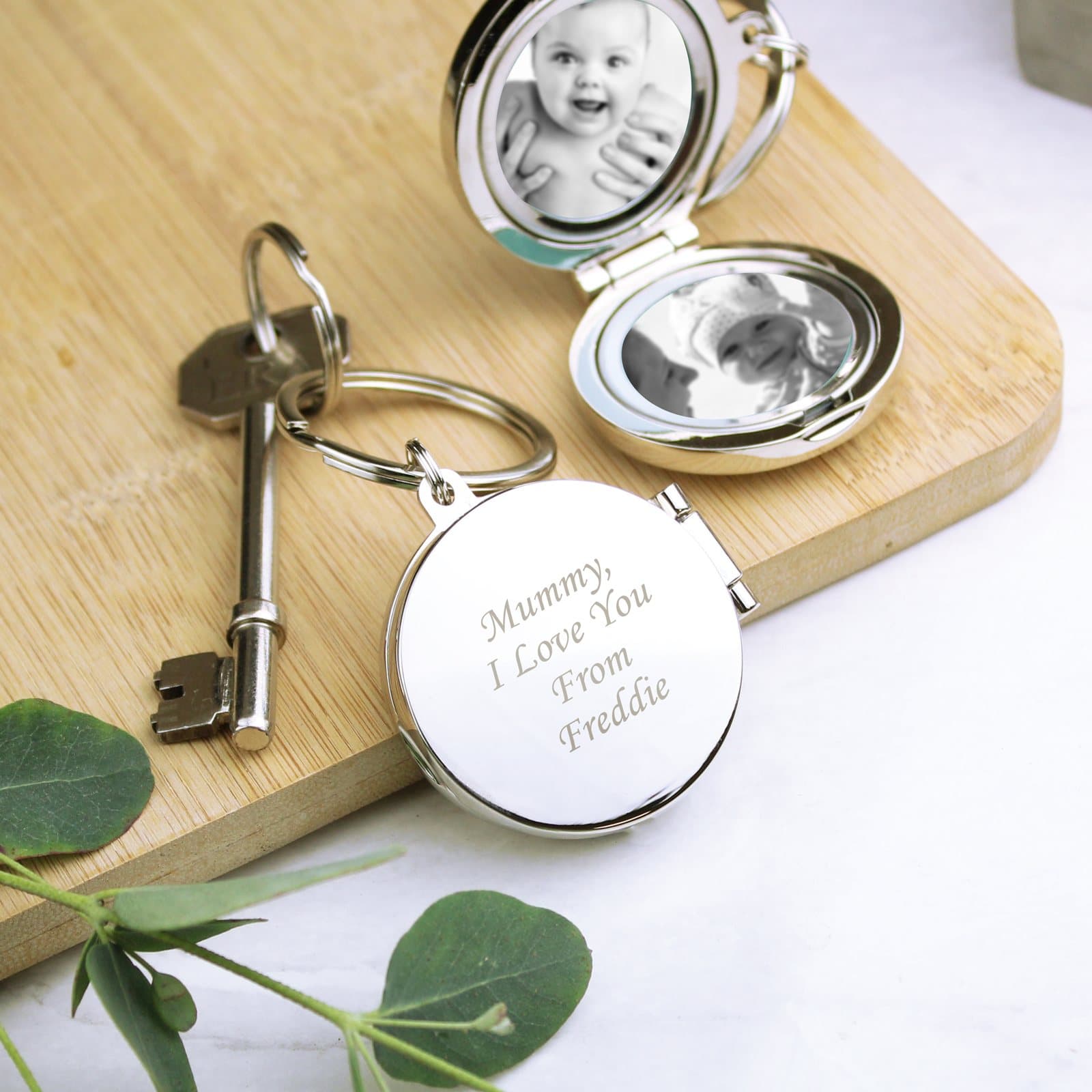 Round silver finish photo keyring