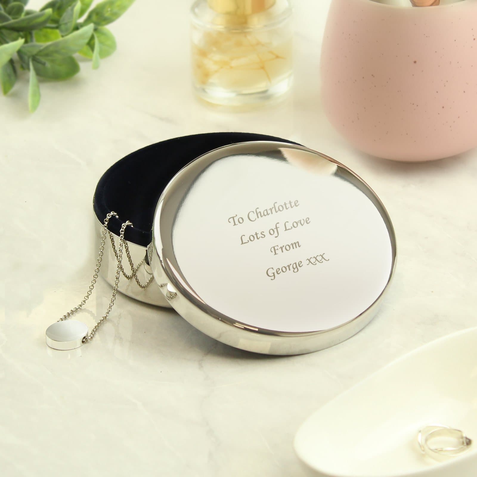 Personalised round trinket box lined in blue flock