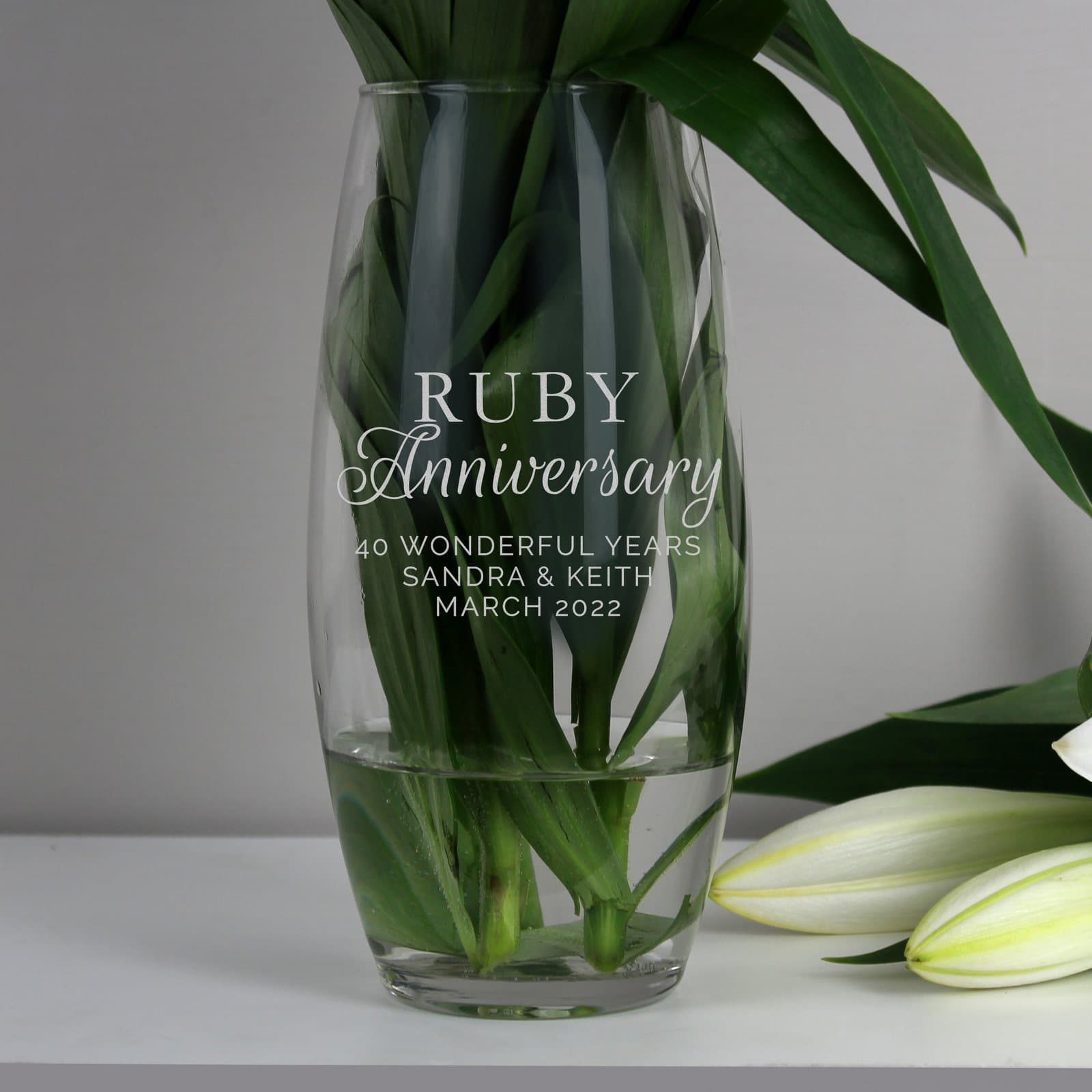 Glass bullet vase for a ruby anniversary with personalised text