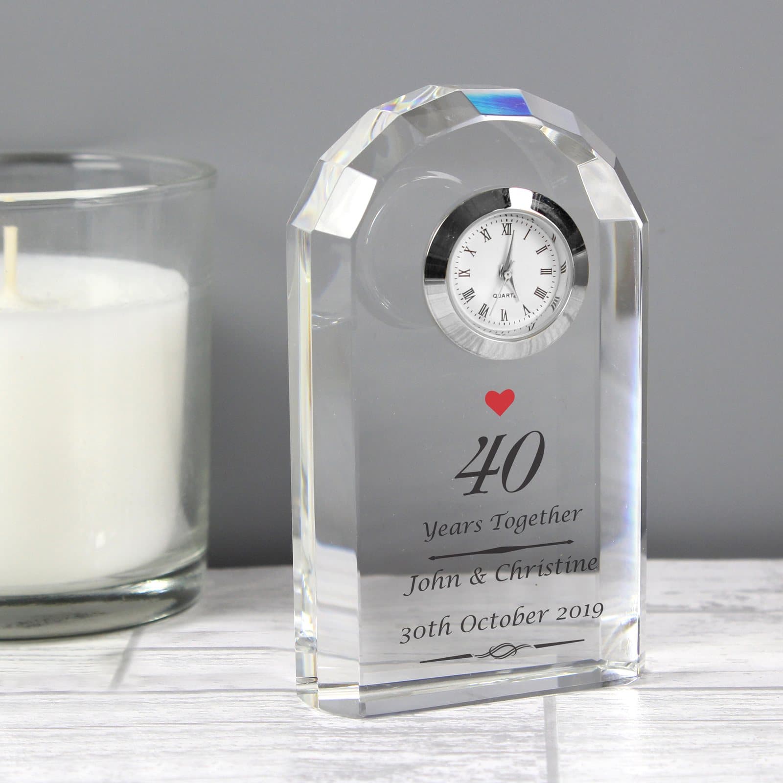 Personalised ruby anniversary crystal clock with names and a date