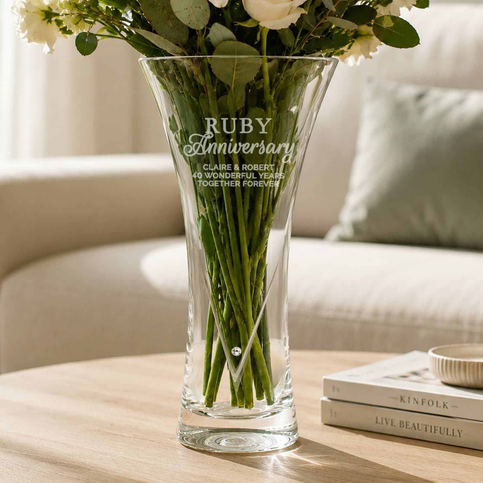 Large hand cut diamond effect heart vase for a ruby anniversary