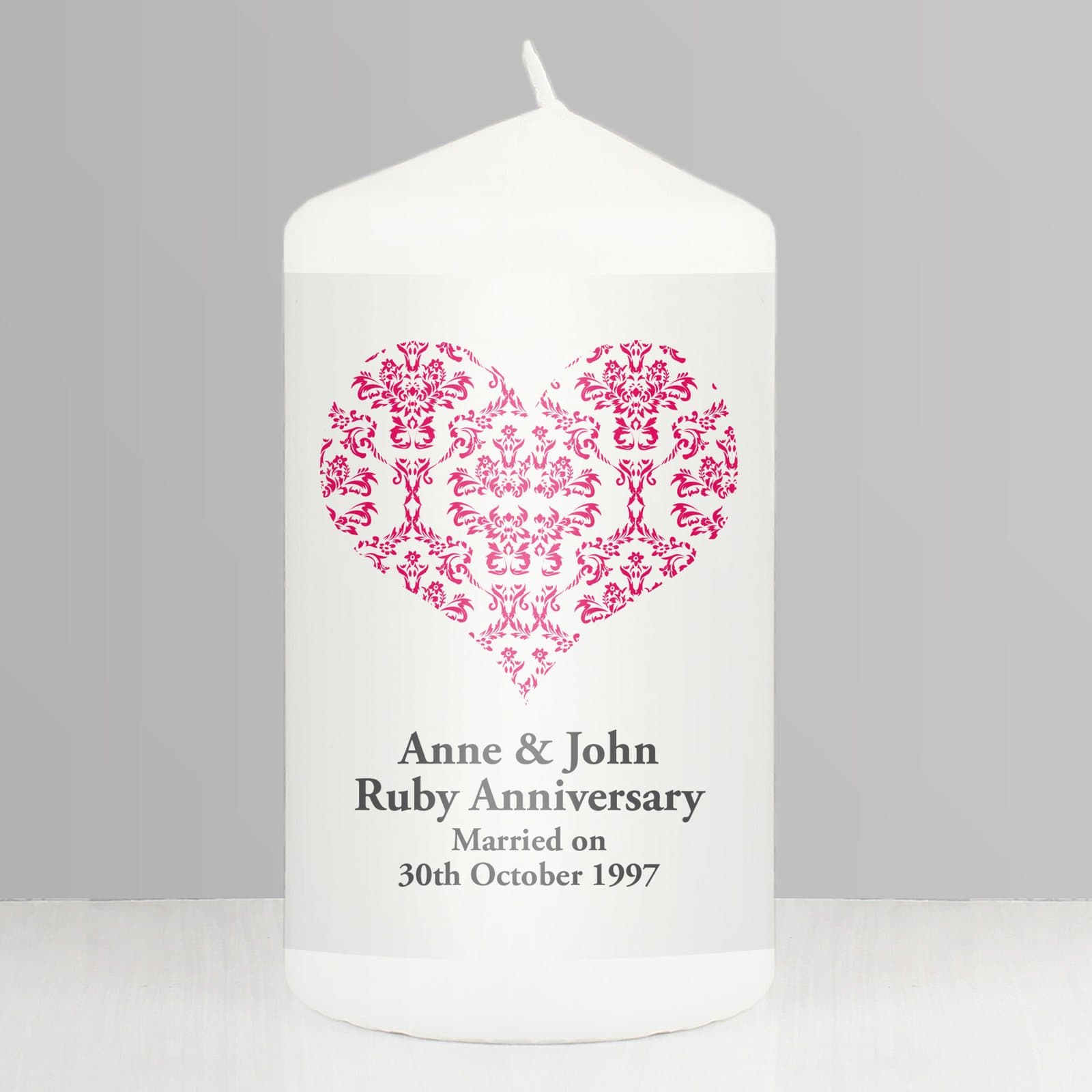 Personalised red damask heart pillar candle with organza bag