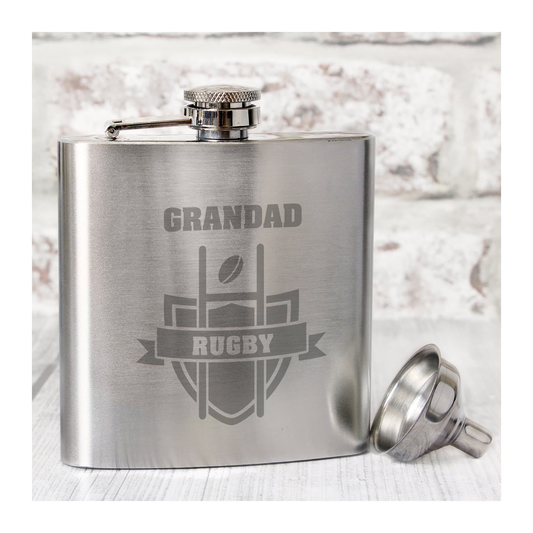 Stainless steel hip flask with RUGBY text and a name
