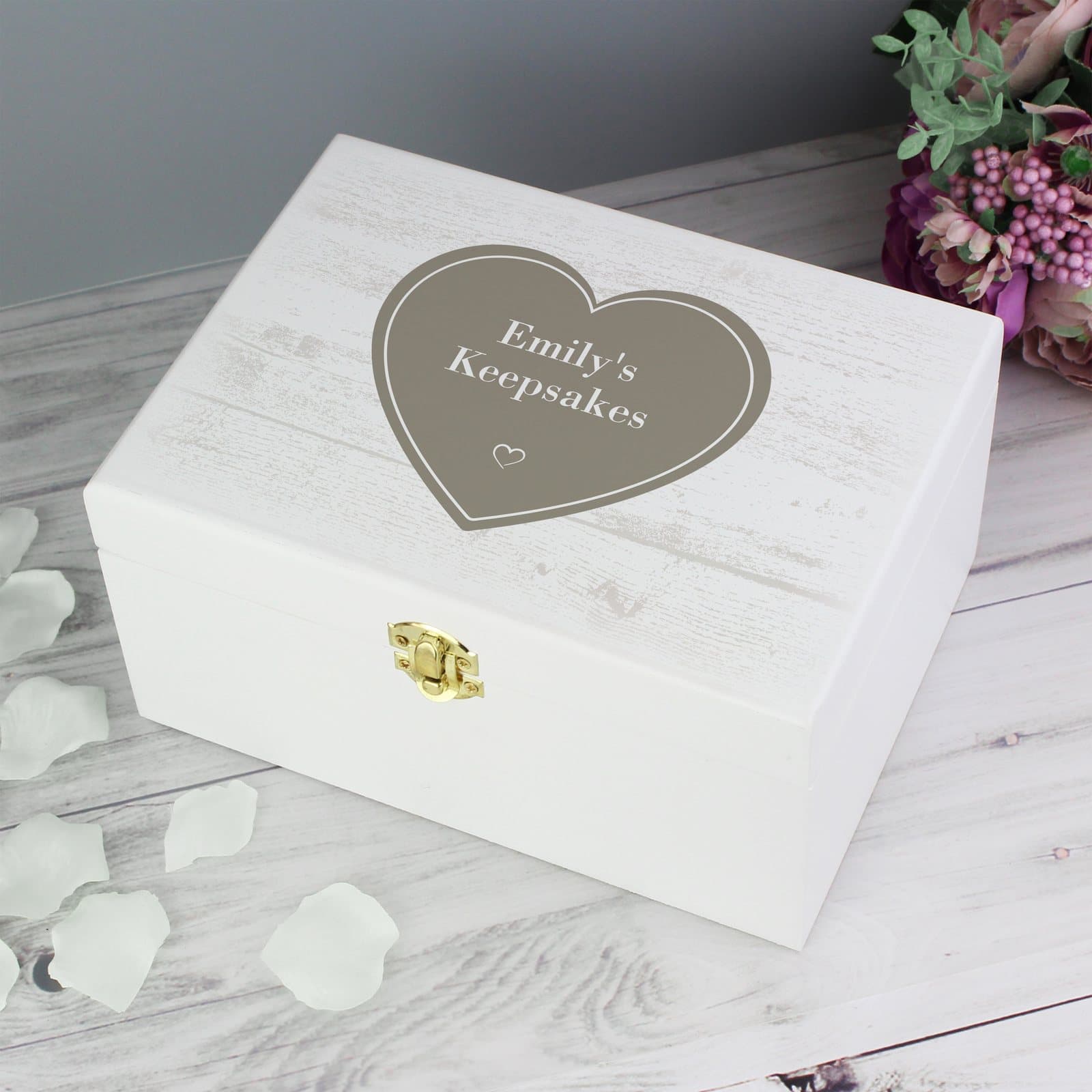 White wooden rustic heart keepsake box with a metal clasp