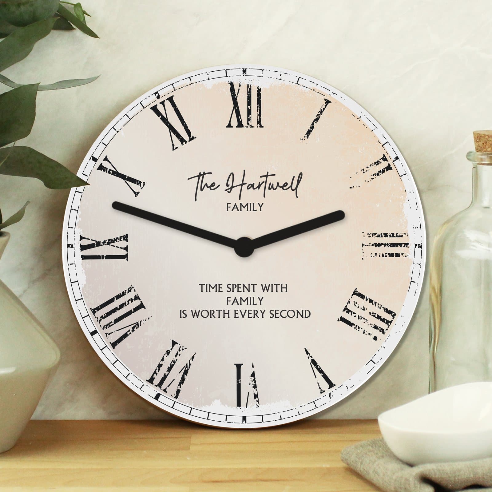 Rustic wooden clock with five lines of personalised text