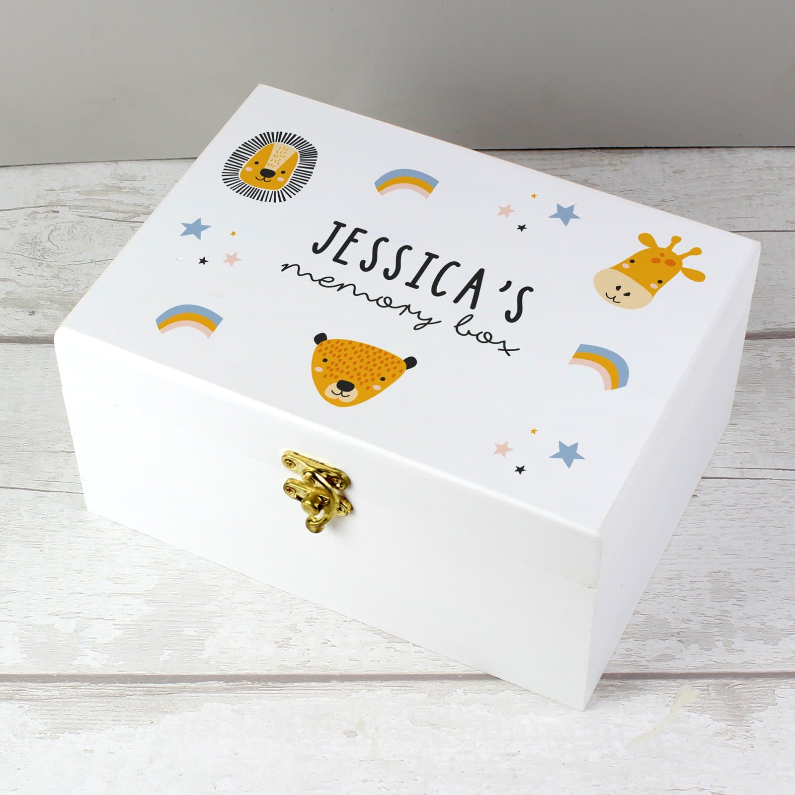White wooden safari animal memory box with a metal clasp
