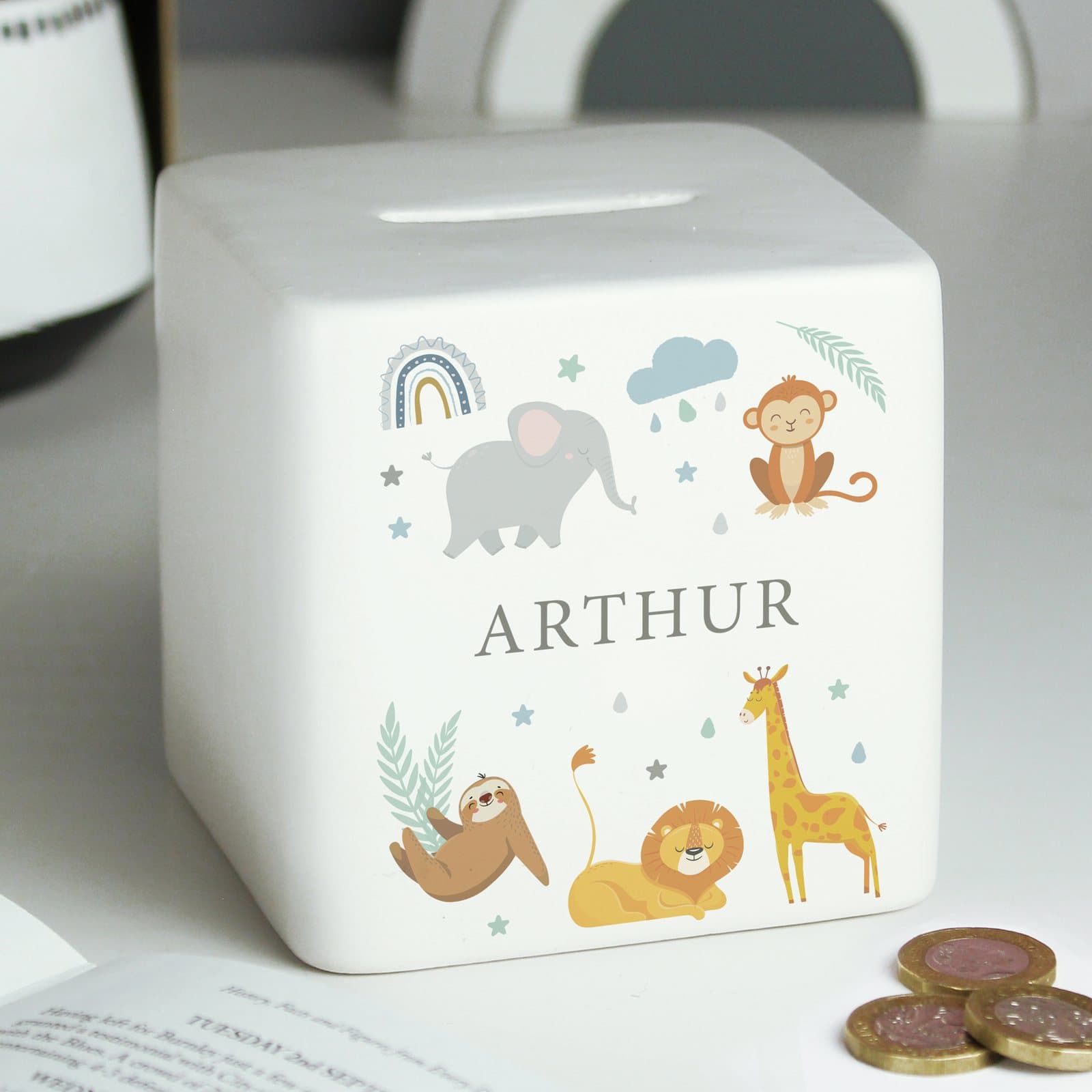 Square ceramic safari animals money box with a name