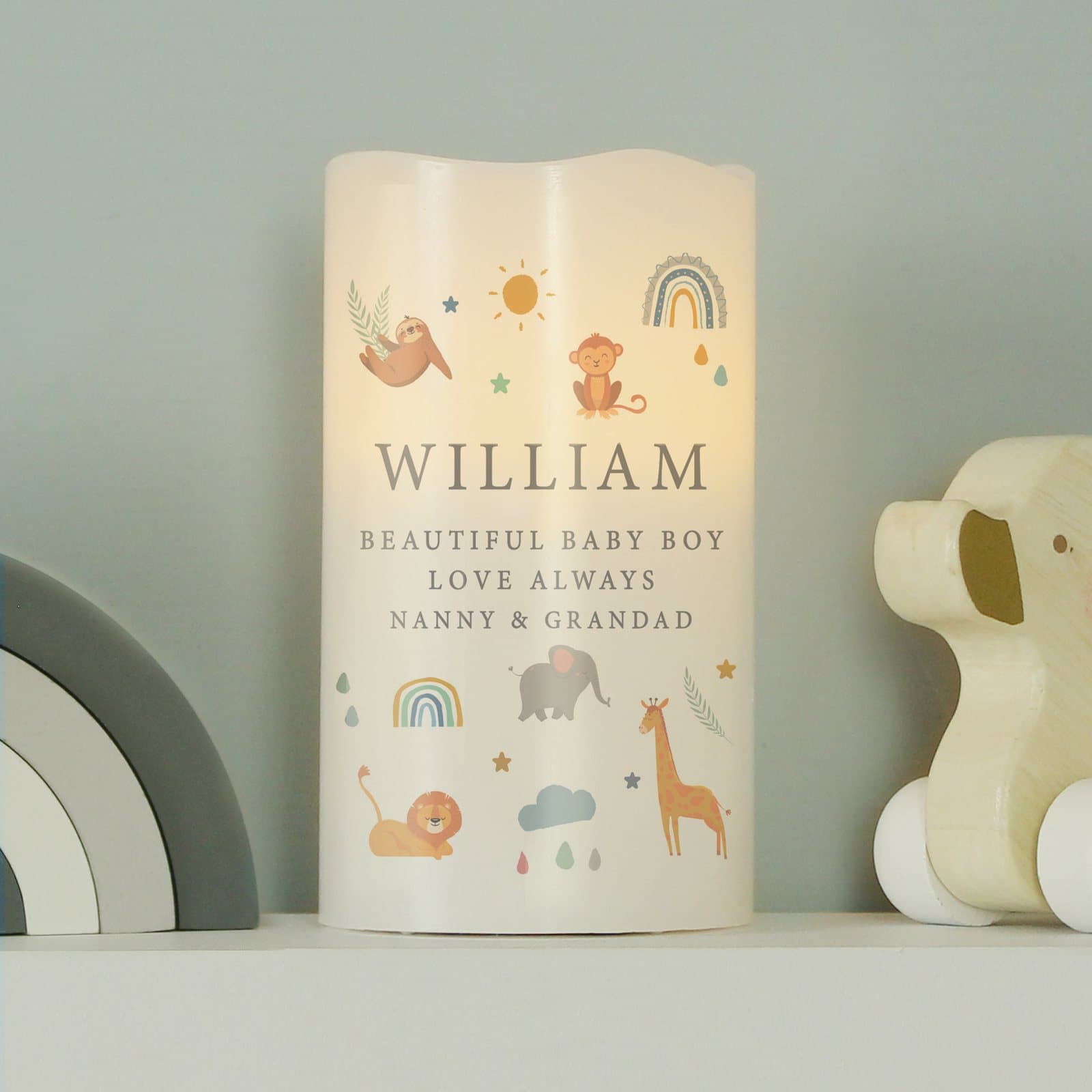 Personalised safari animals LED candle with organza bag