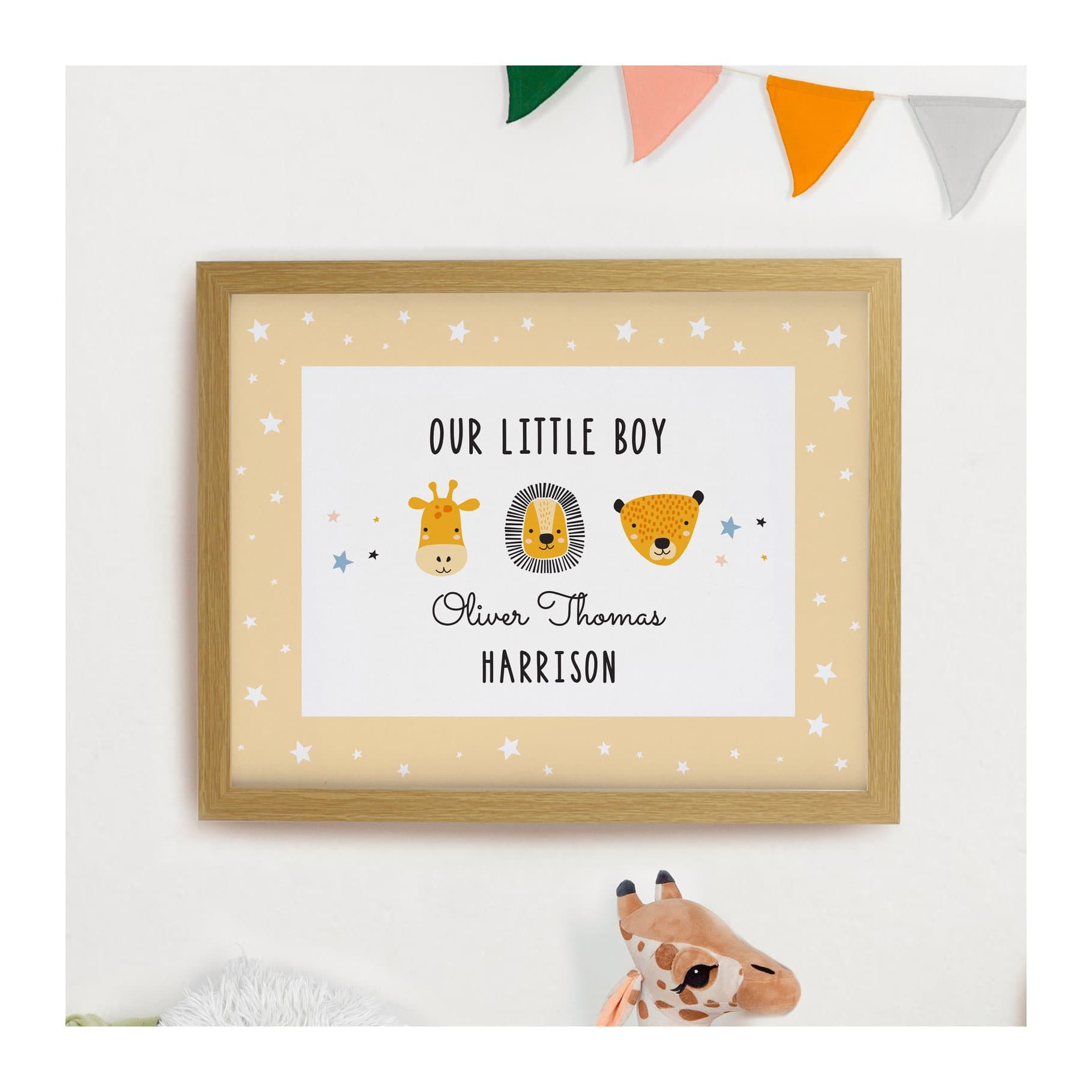 Safari animals framed print in a large oak poster frame