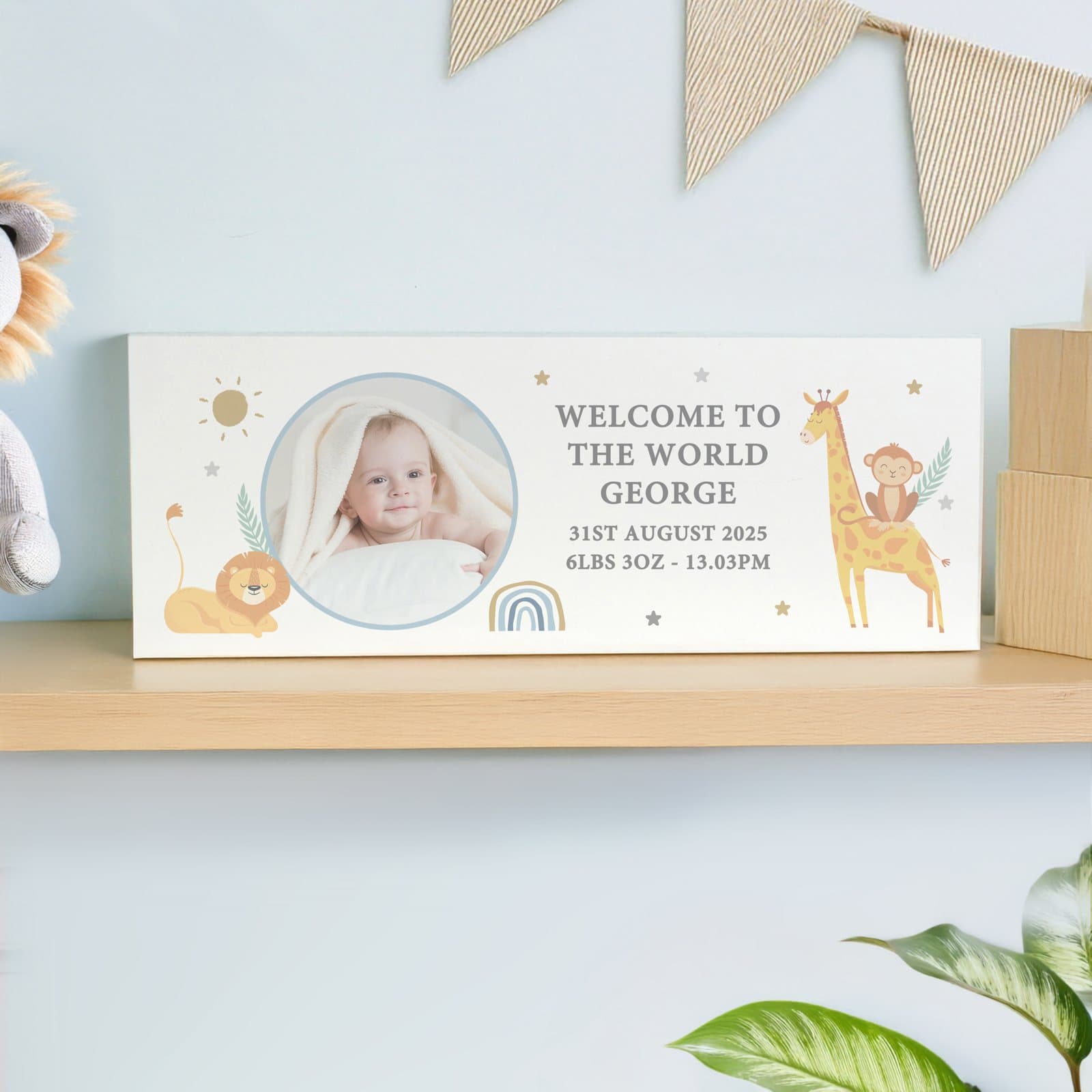 Wooden block sign with safari animals, a photo and personalised message lines
