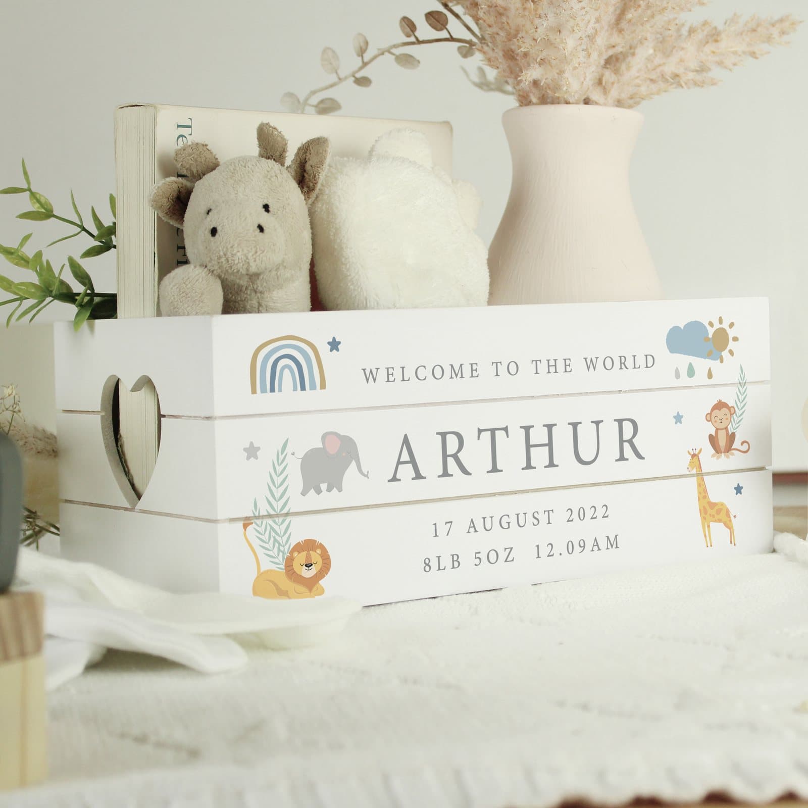 White wooden safari animals crate with heart shaped handles