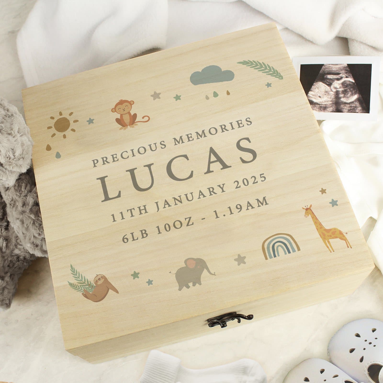 Wooden keepsake box with cute safari animals and a metal clasp