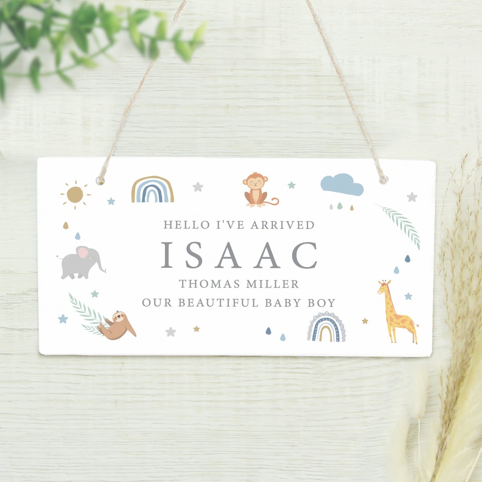 Safari animals wooden sign with ribbon and personalised name and message