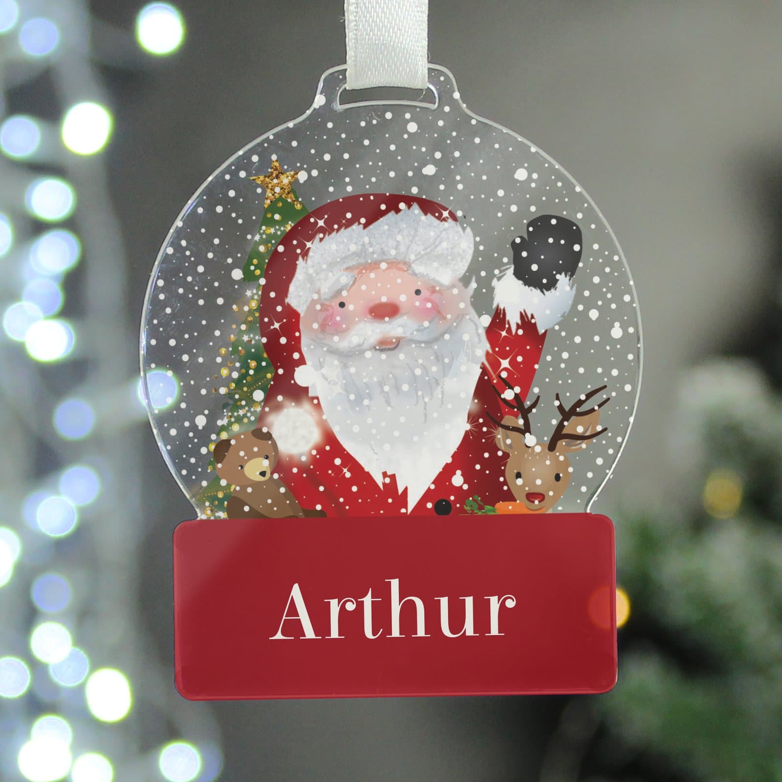 Santa acrylic snowglobe shaped Christmas decoration with white ribbon