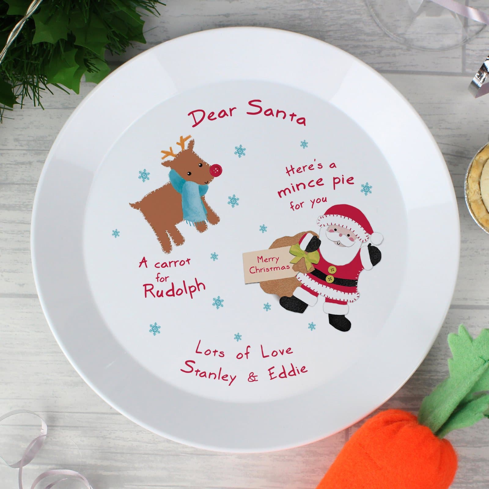 Santa and Rudolph mince pie plate with personalised lines at the bottom