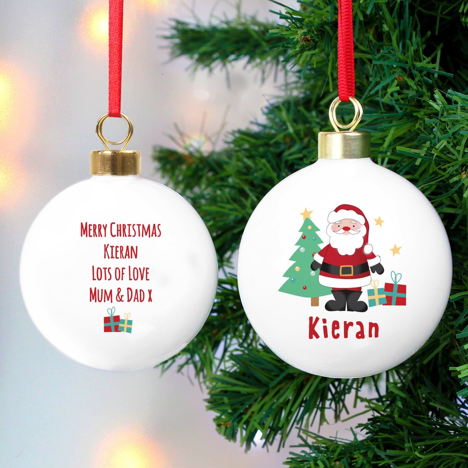 Santa Christmas bauble with a name on the front and a ribbon to hang