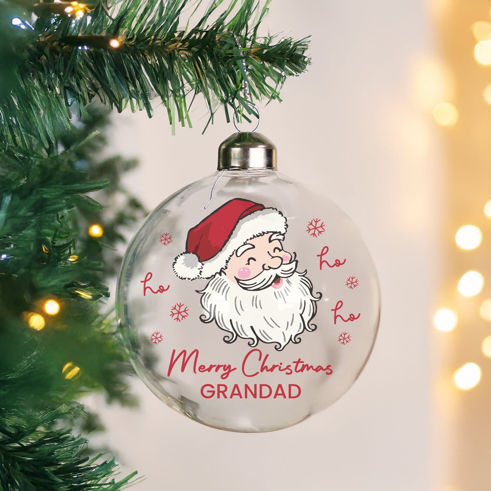 Santa glass Christmas bauble with two personalised lines of text