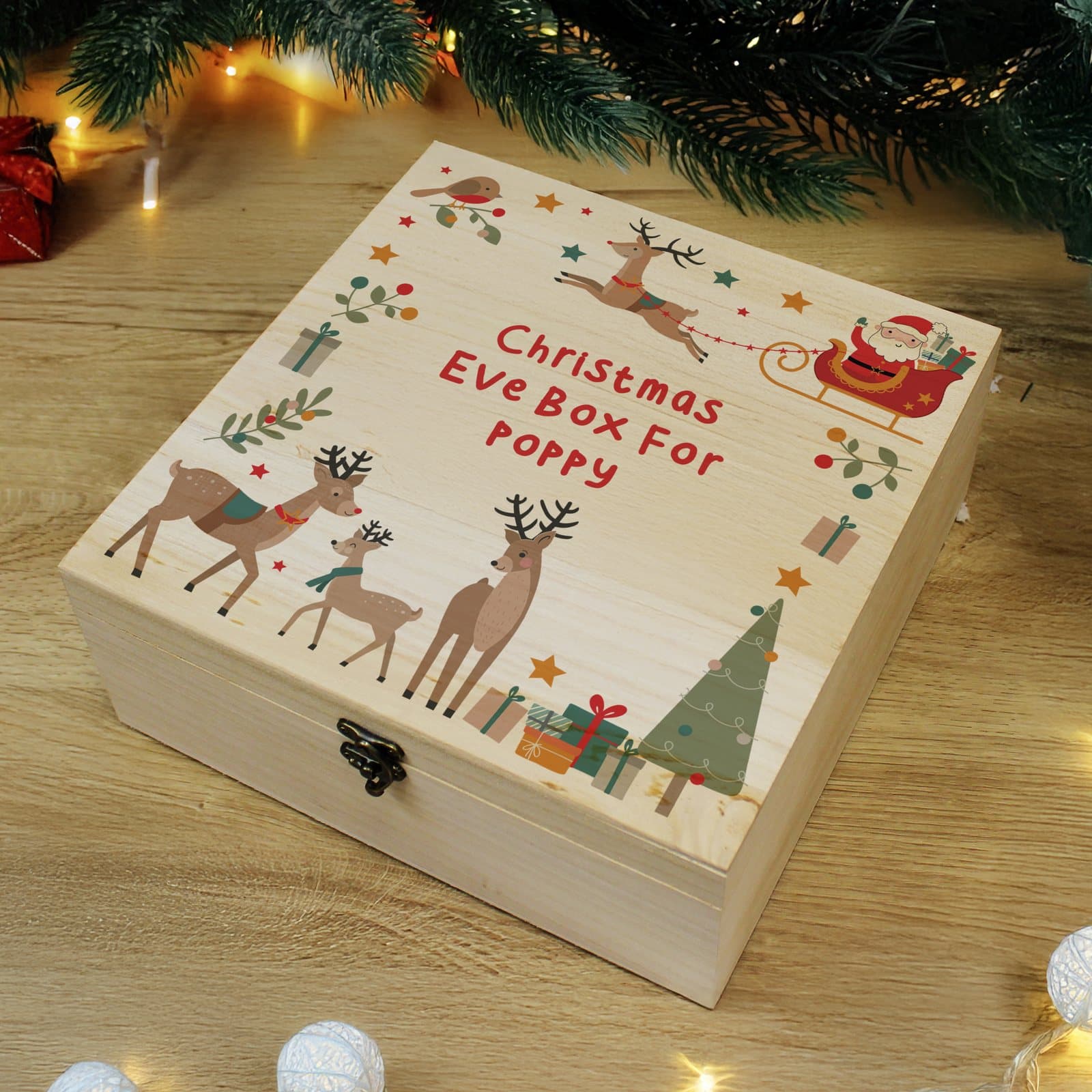 Wooden Christmas Eve box with Santa and reindeer motif