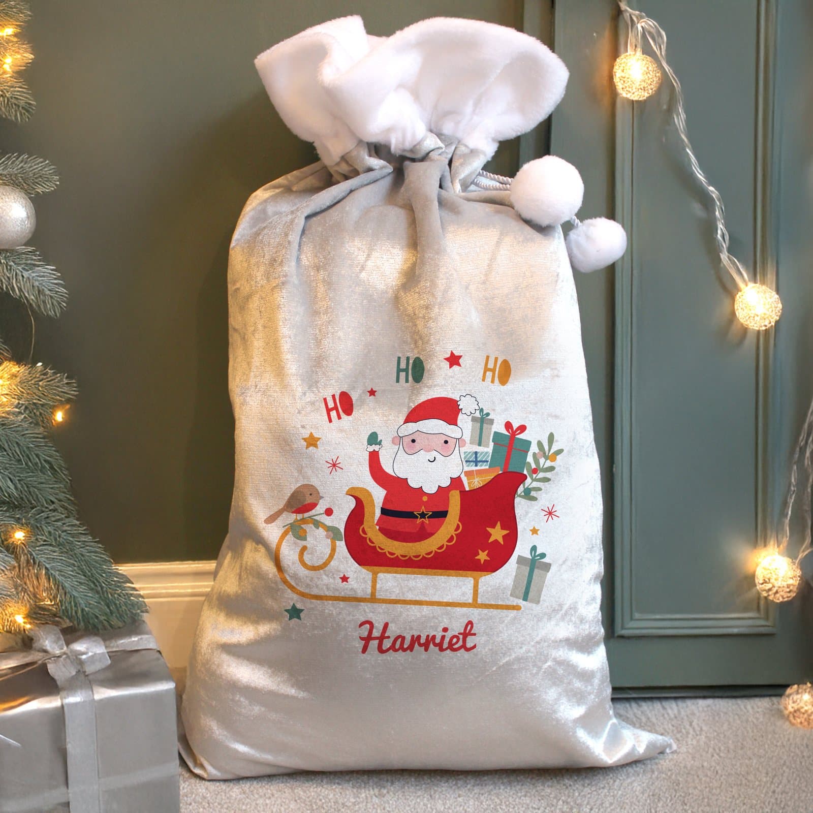 Personalised grey fleece Santa sleigh Christmas sack with a name
