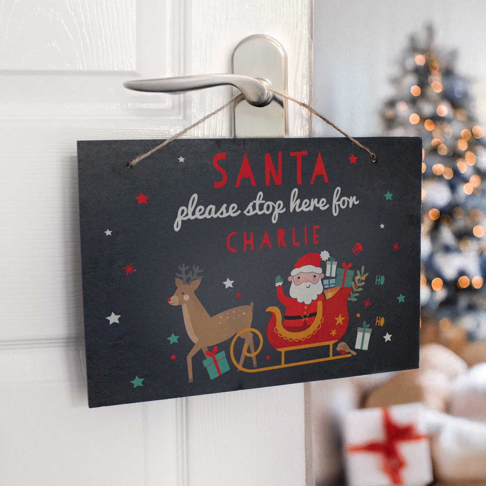 Slate sign with Santa please stop here for text and a name