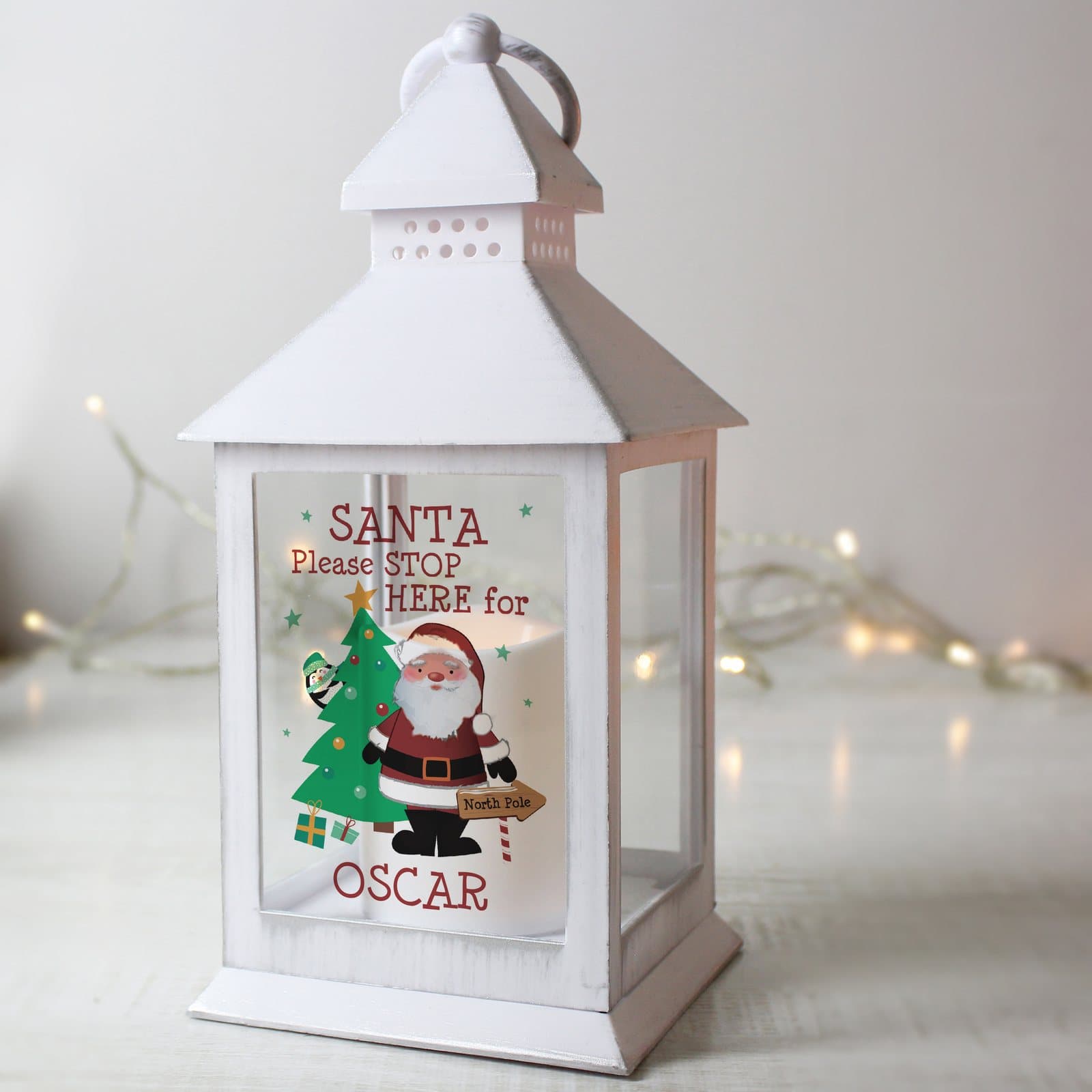 White Santa lantern with hoop and Santa please stop here text
