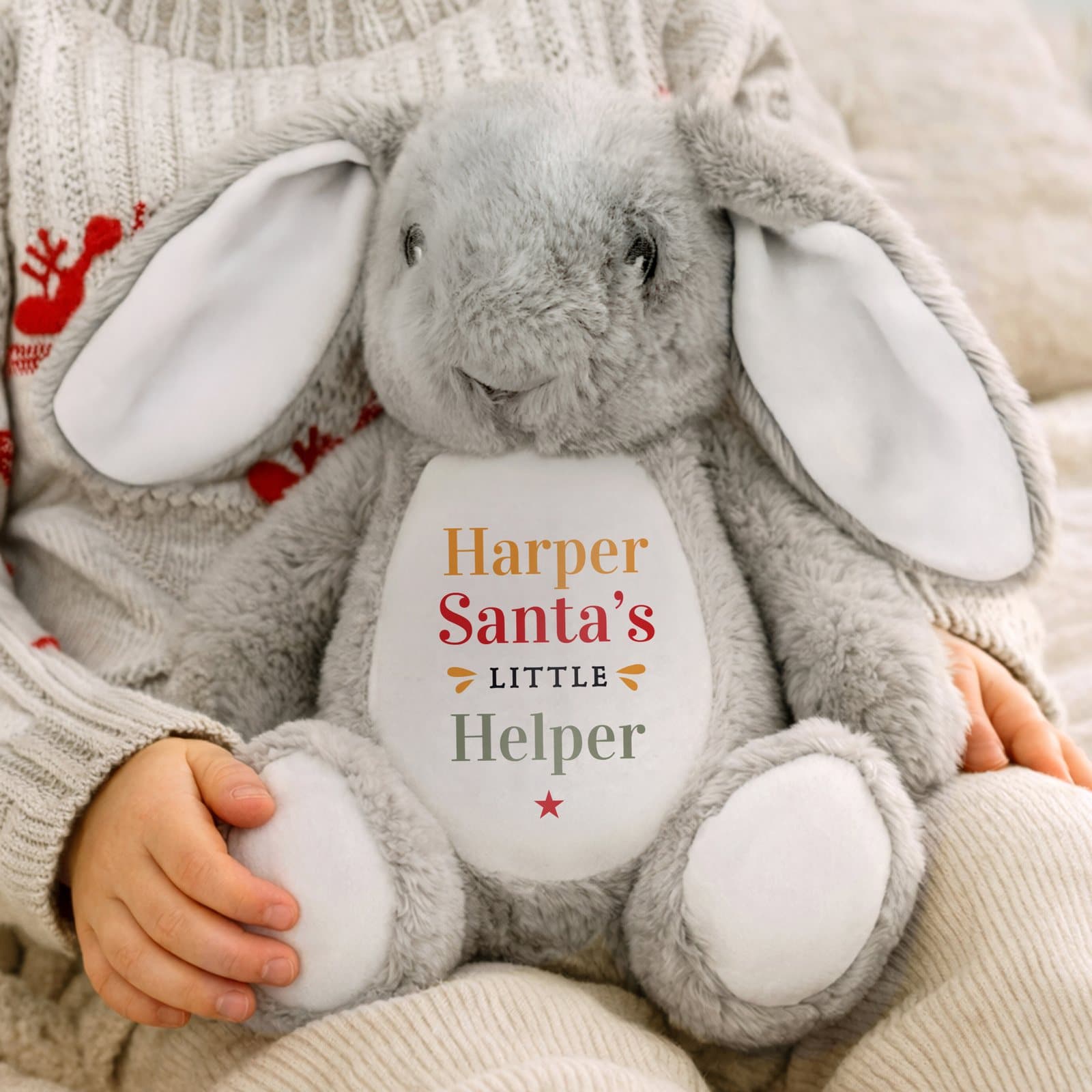 Personalised Santa's Little Helper soft toy bunny sat up